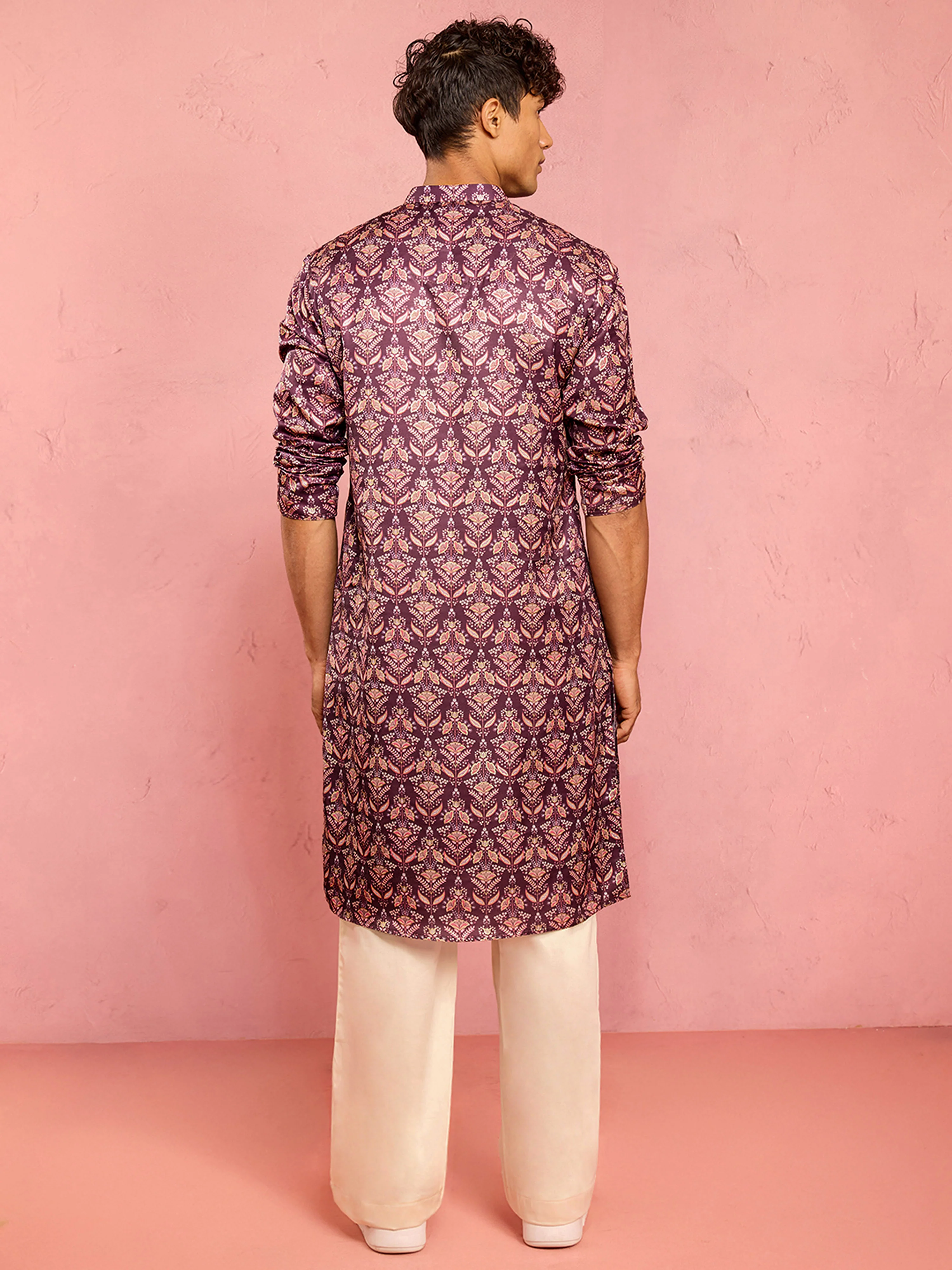 Men's Purple Silk Blend Floral Foil Print Kurta with Cream Wide Leg Palazzo Set - Image 5