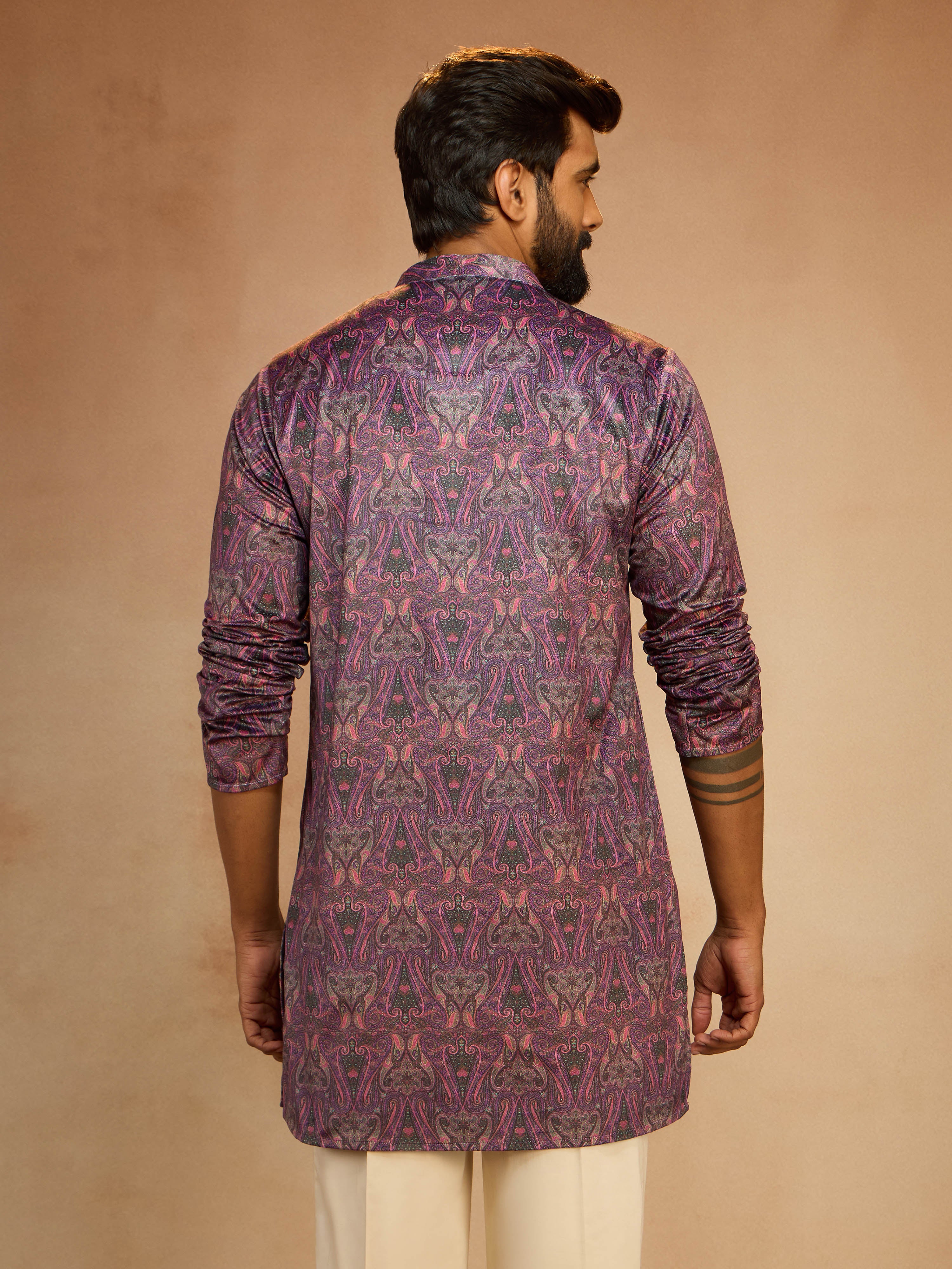 Men's Purple Velvet Digital Print Abstract Kurta - Image 5