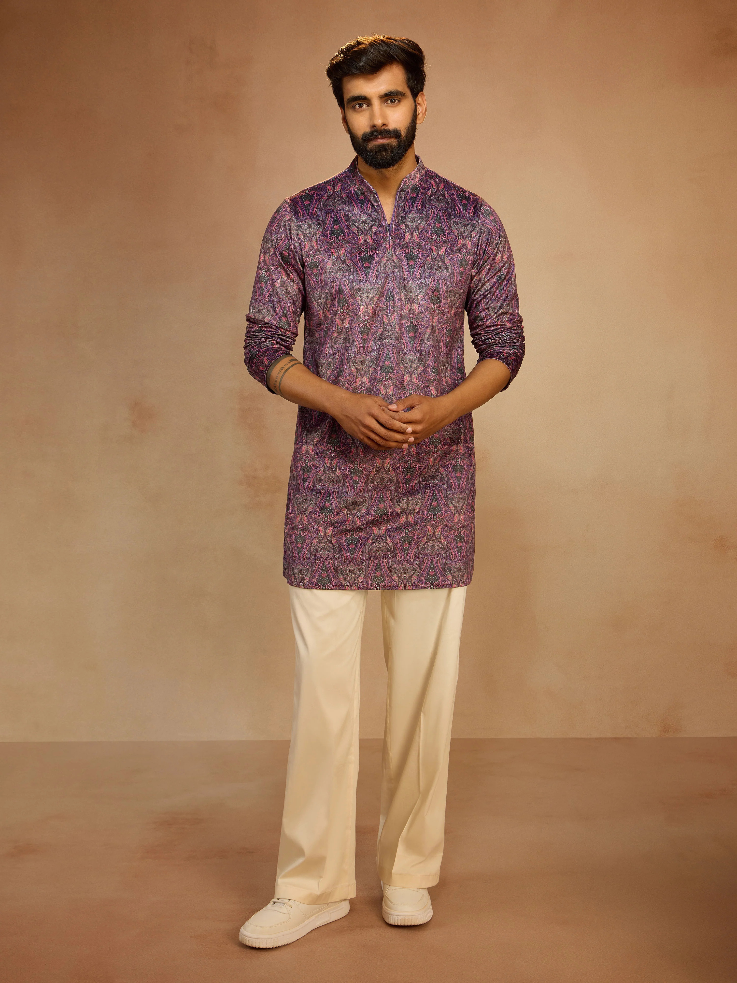 Men's Purple Velvet Digital Print Abstract Kurta with Cream Wide Leg Palazzo Pant Set - Image 4