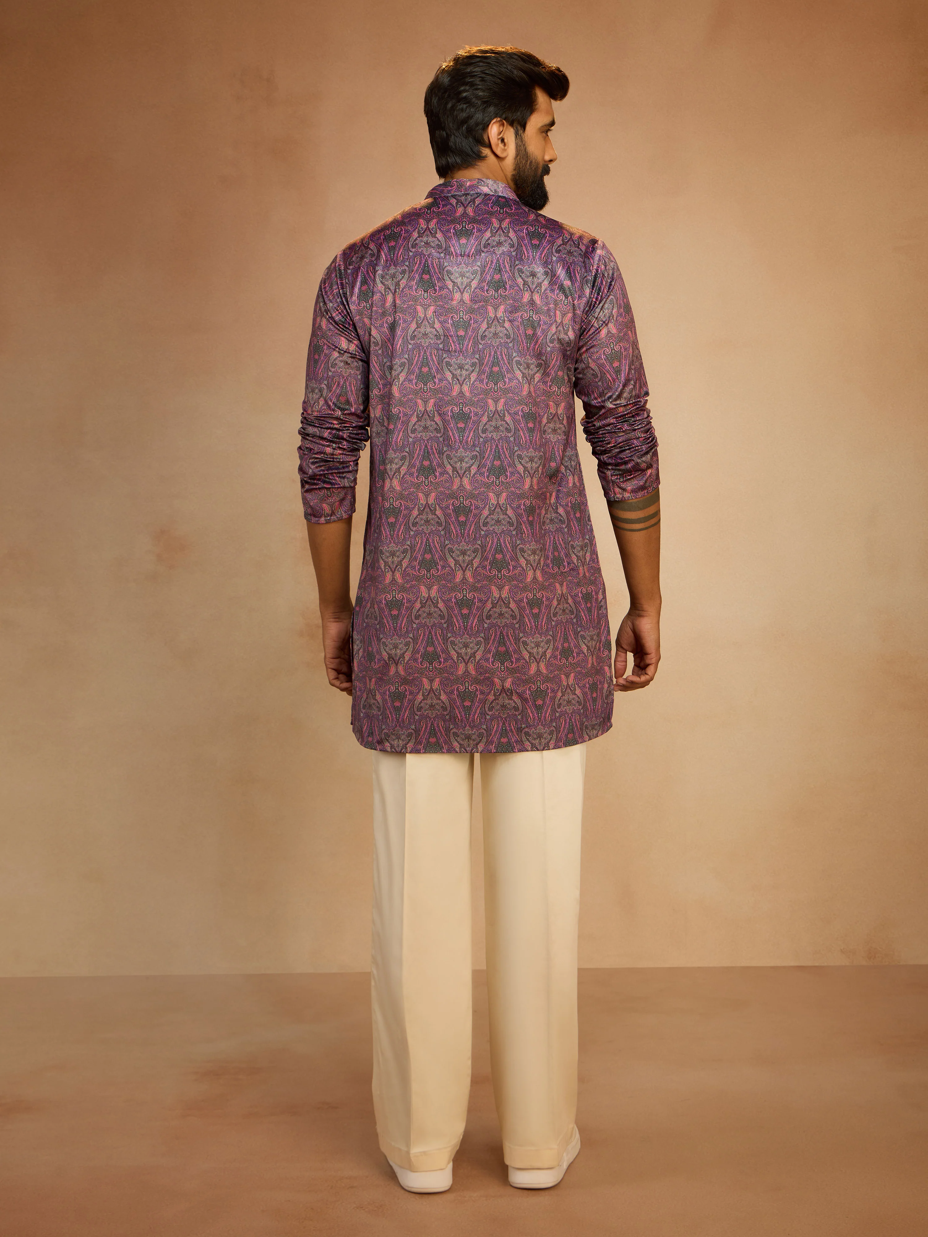 Men's Purple Velvet Digital Print Abstract Kurta with Cream Wide Leg Palazzo Pant Set - Image 5