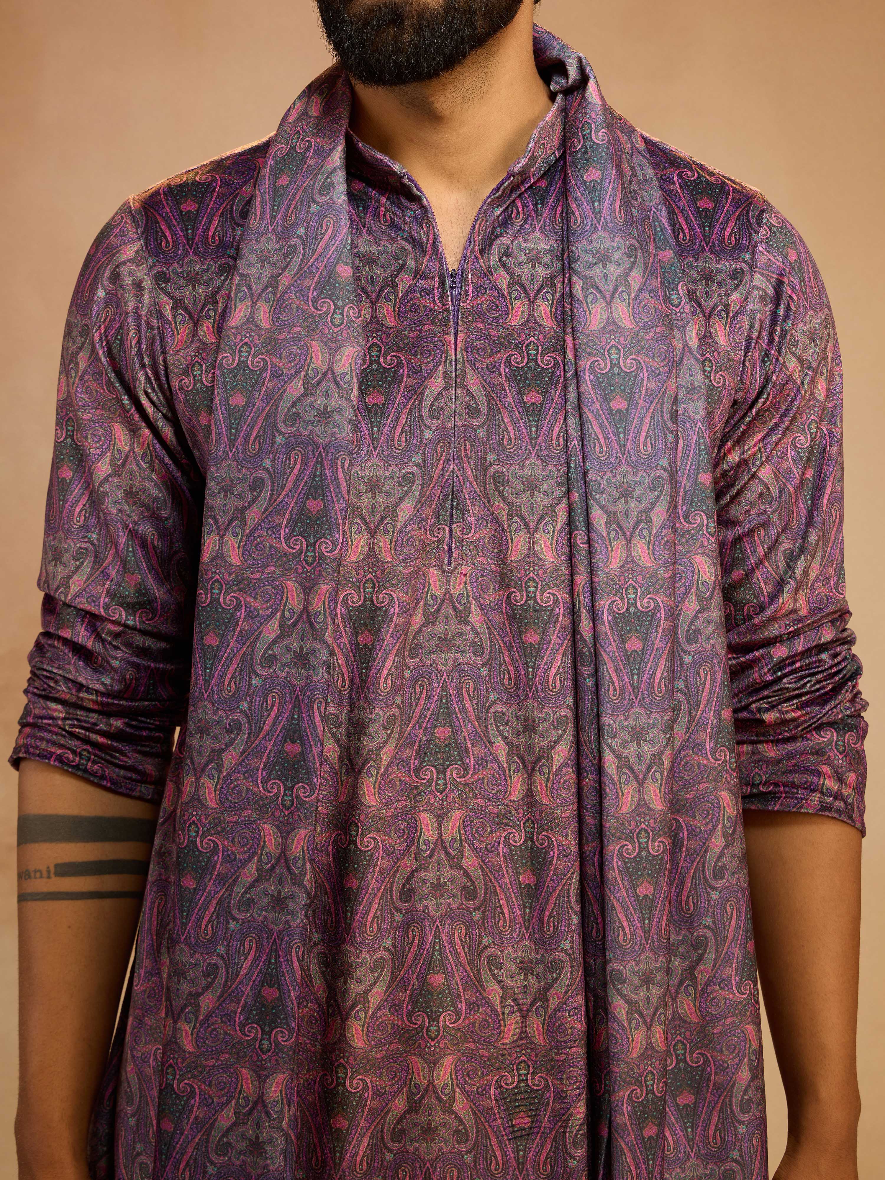 Men's Purple Velvet Digital Print Kurta with Palazzo Pant & Matching Dupatta Set - Image 2