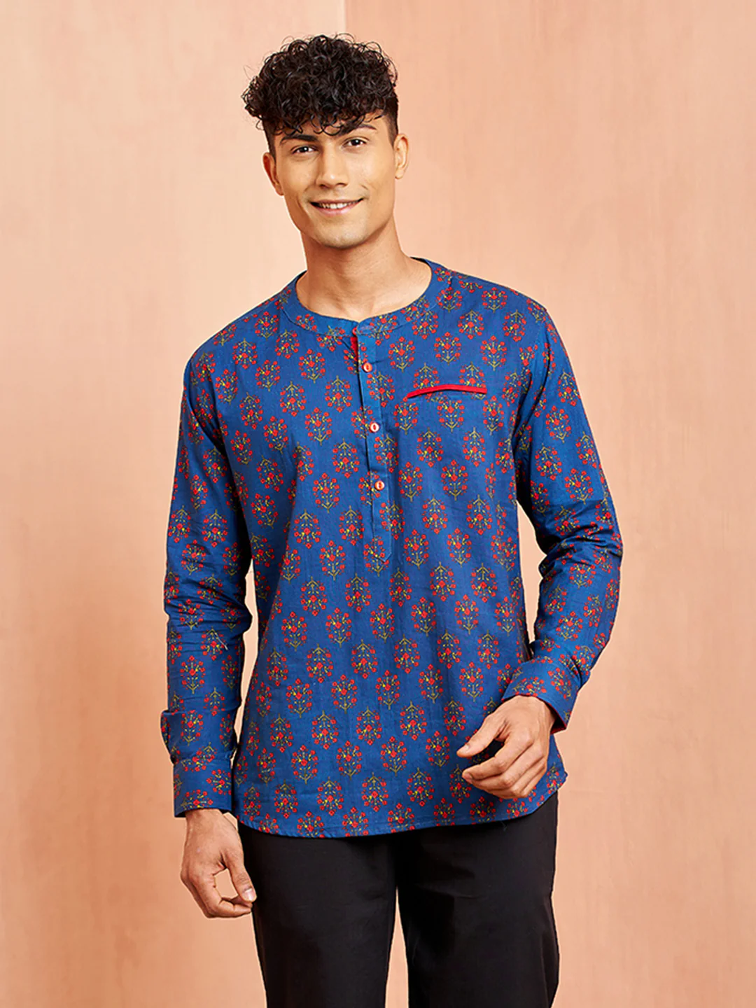 Men's Royal Blue Cotton Kurta Short Sleeve Band Collar Print - Image 3
