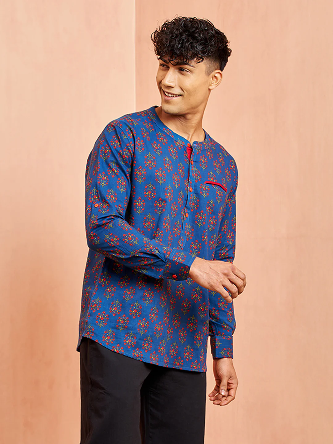 Men's Royal Blue Cotton Kurta Short Sleeve Band Collar Print - Image 4