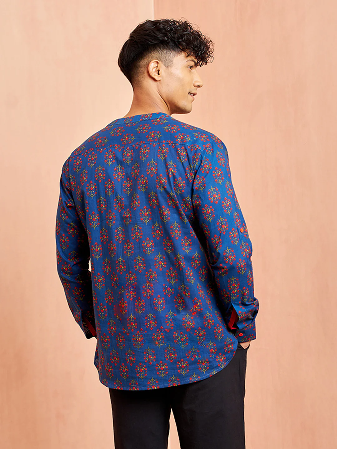 Men's Royal Blue Cotton Kurta Short Sleeve Band Collar Print - Image 5