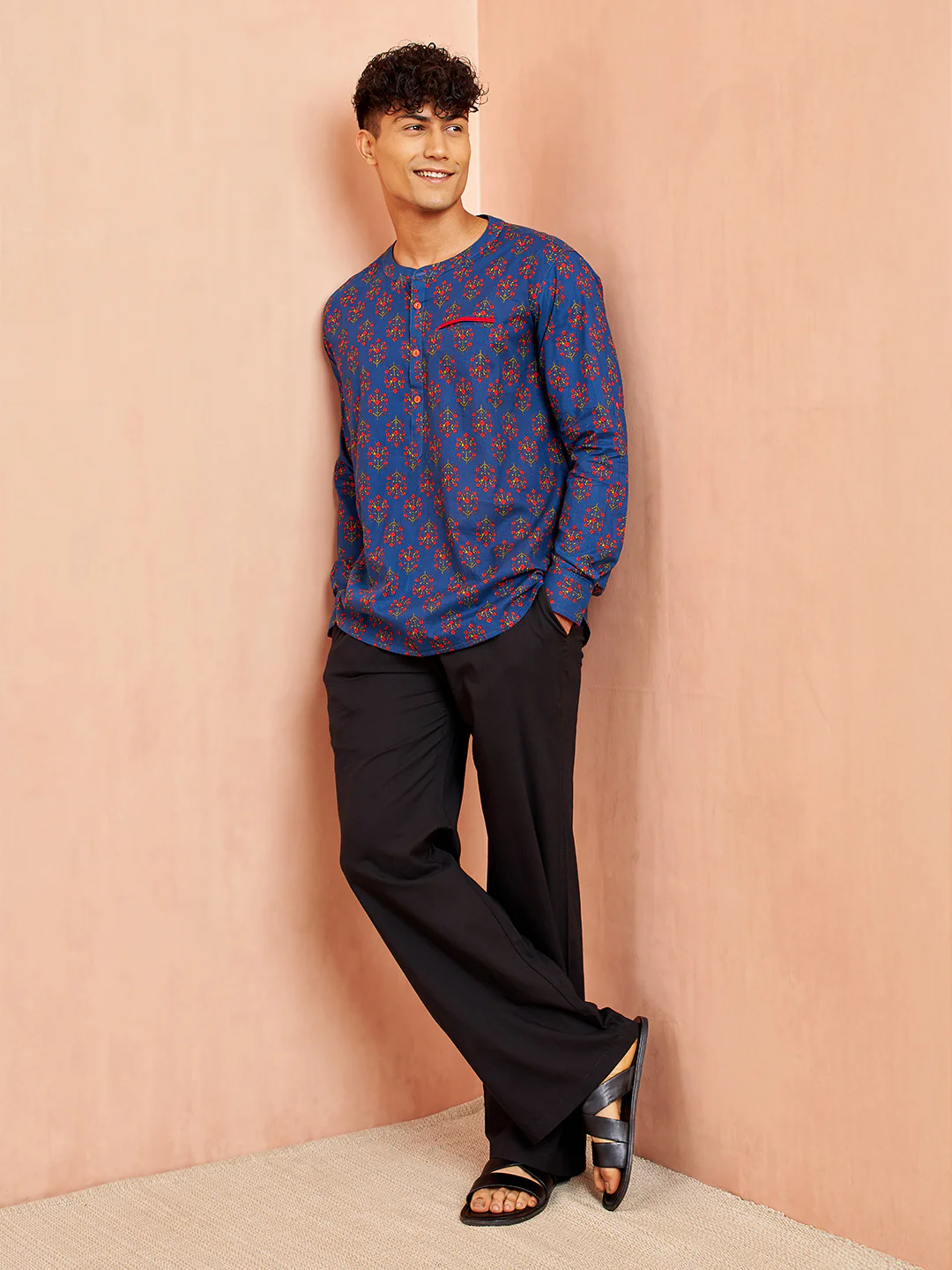 Men's Royal Blue Cotton Kurta Short Sleeve Band Collar Print - Image 6