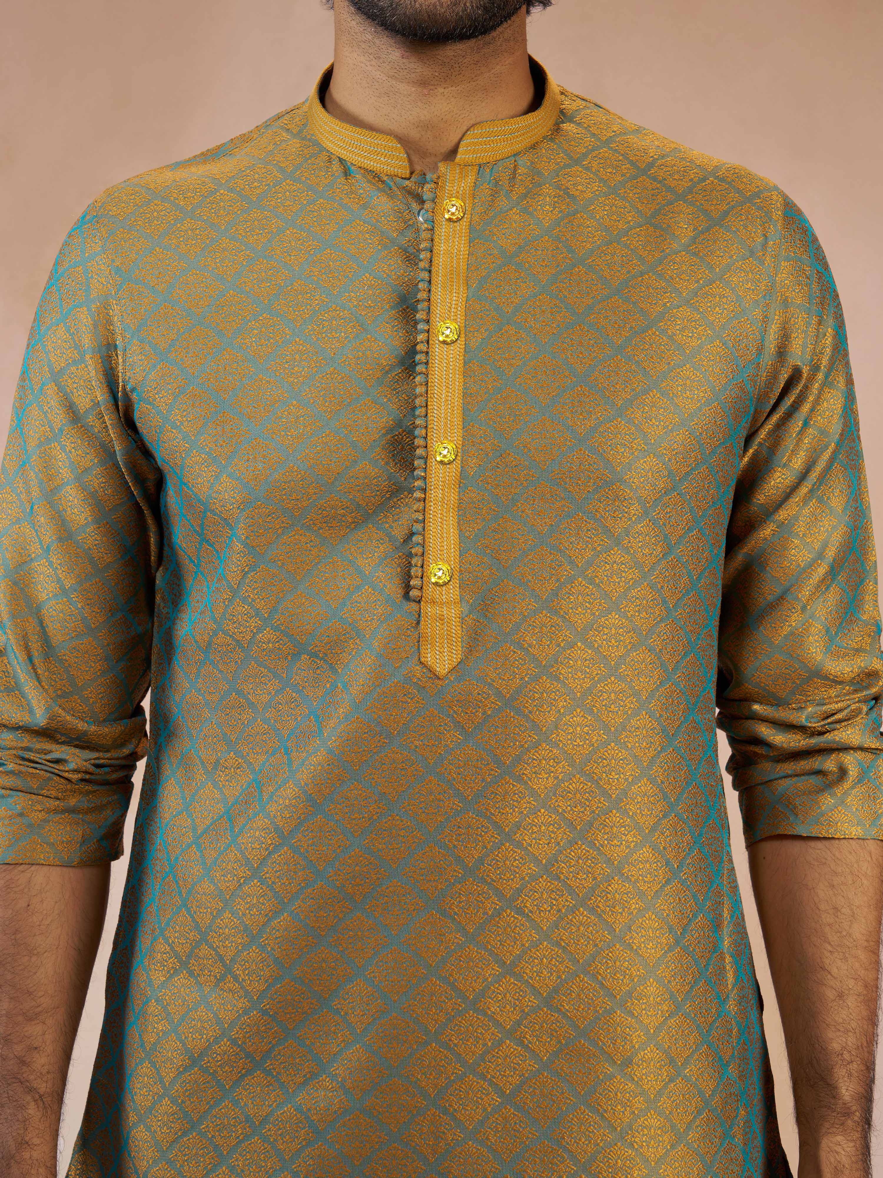 Men's Turquoise Jacquard Geometric Thread & Sequin Embroidered Silk Blend Straight Kurta - Image 2