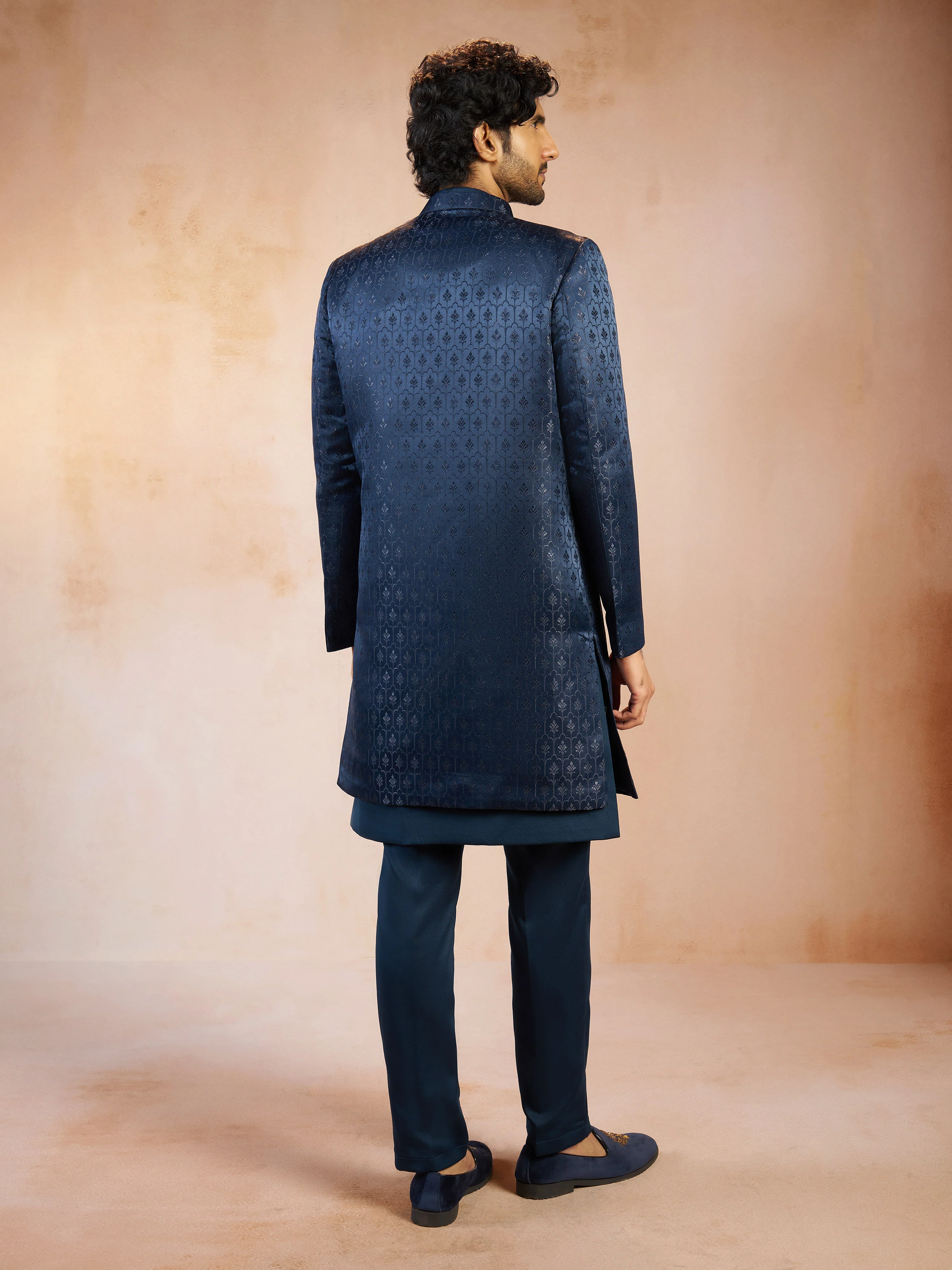 Men's Turquoise Self Design Jacquard Silk Blend Sherwani Jacket with Matching Pant Set - Image 5
