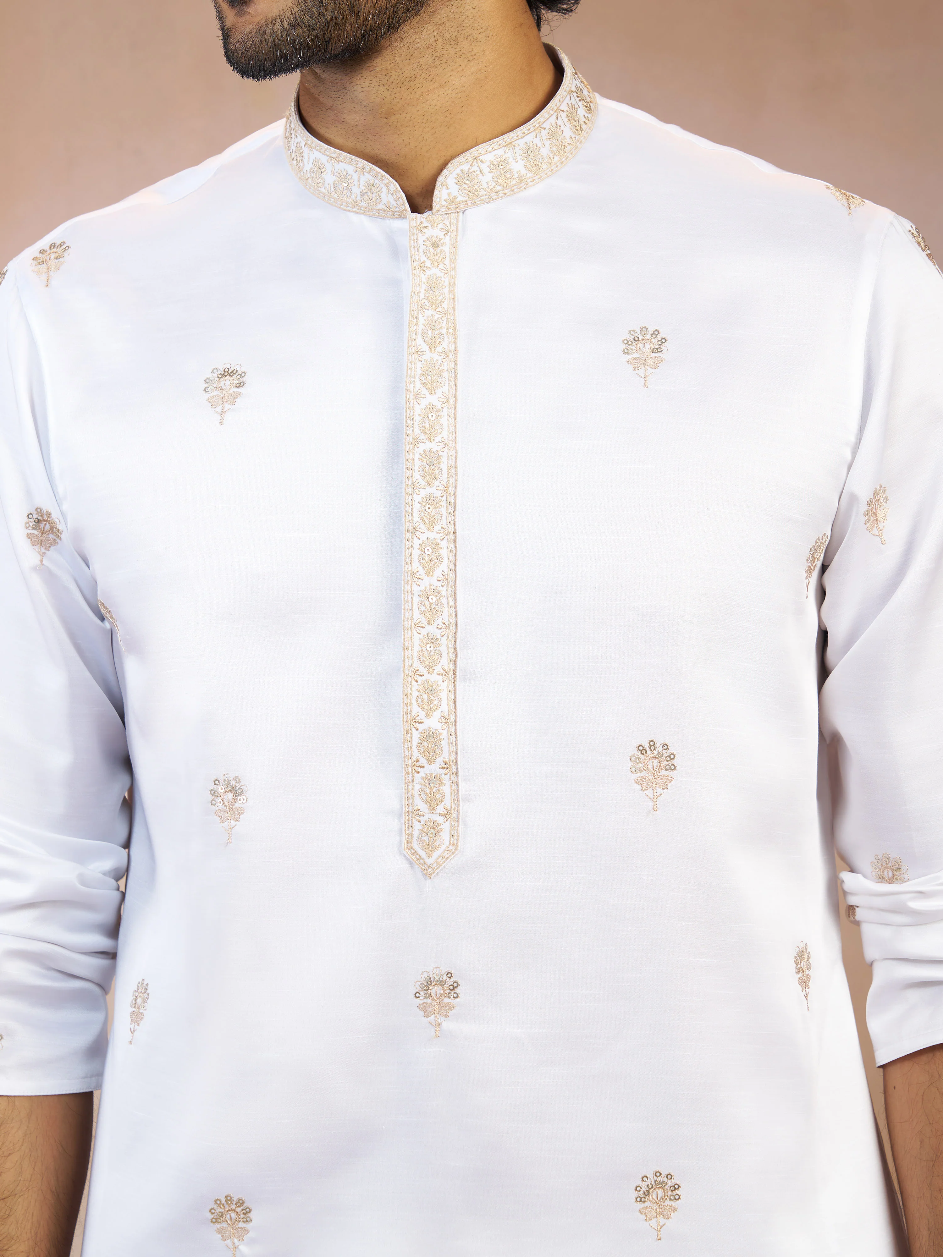 Men's White Floral Sequin & Thread Embroidered Silk Blend Kurta with Fine Satin Pyjama Set - Image 2