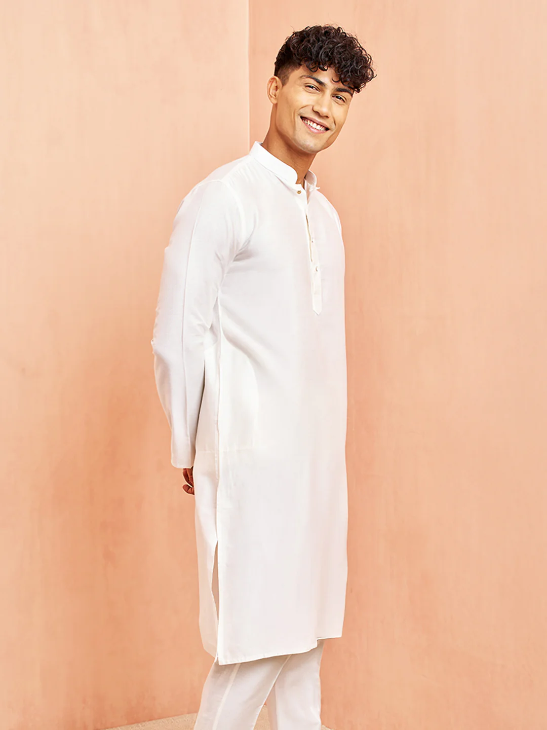 Men's White Viscose Kurta Long Sleeve Mandarin Collar Festive Wear - Image 3