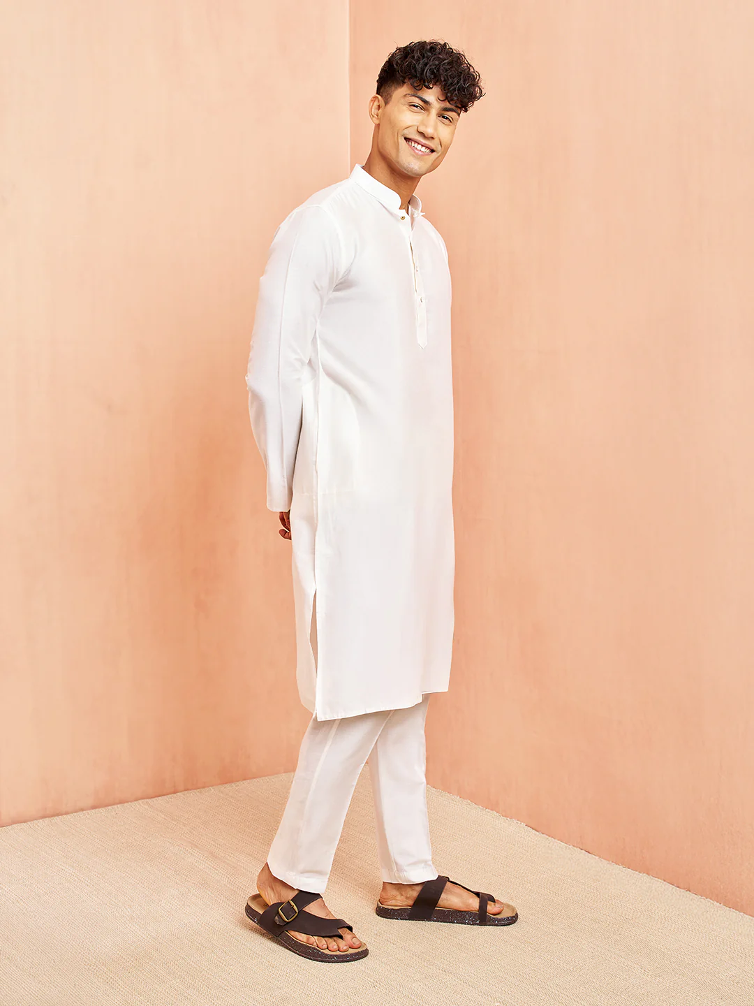 Men's White Viscose Kurta with White Pant Set - Image 3