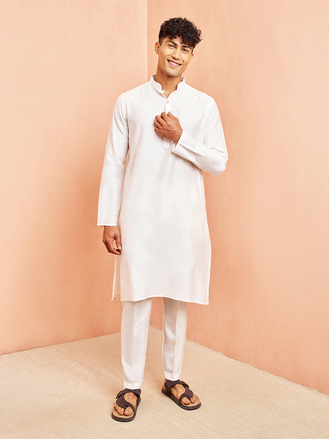 Men's White Viscose Kurta with White Pant Set - Image 4