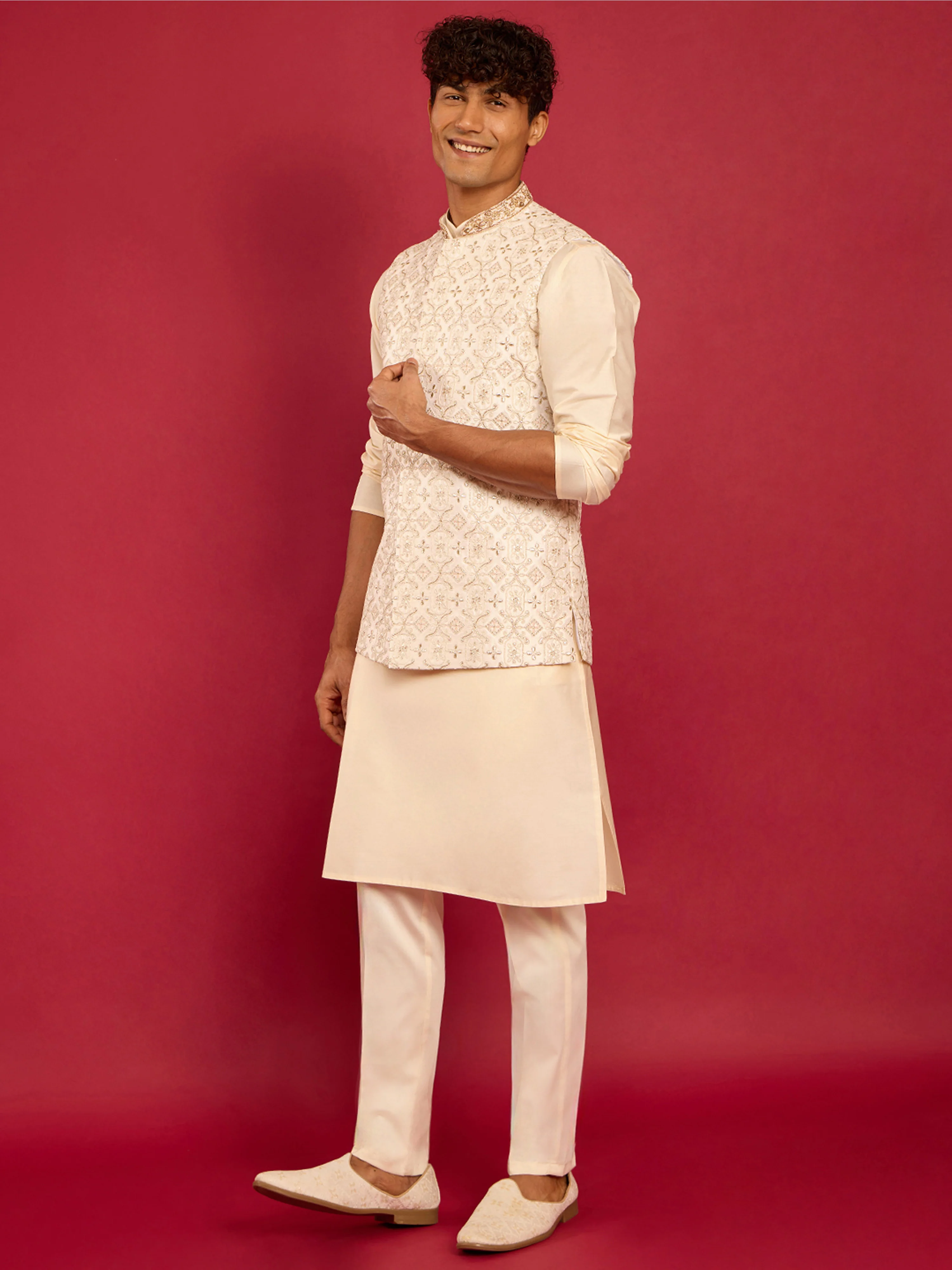 Men's White Zardozi Embroidered Nehru Jacket with Cream Silk Blend Kurta & Pant Set - Image 4