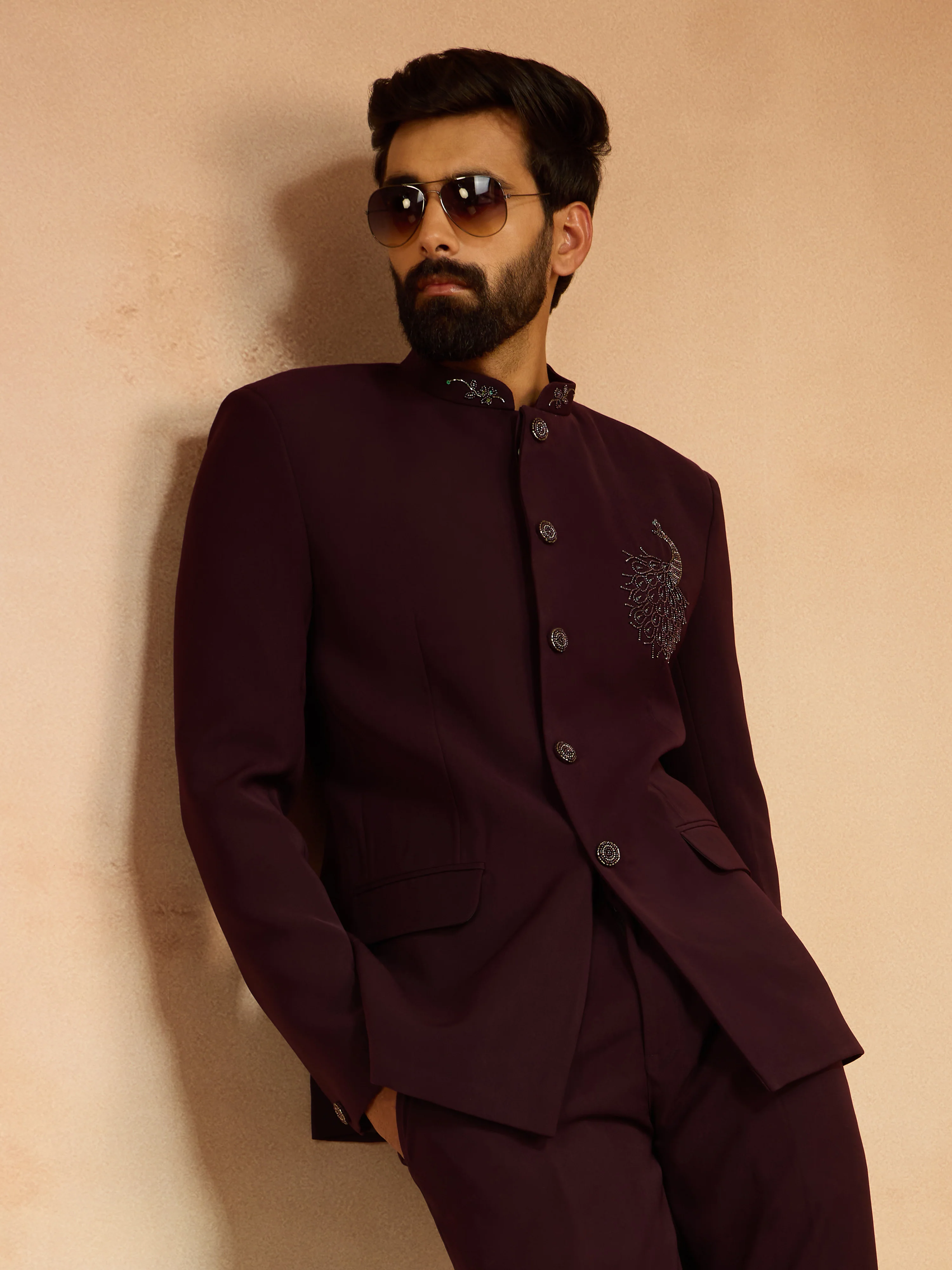 Men's Wine Sequin & Bead Embroidered Animal Floral Full Sleeve Jodhpuri