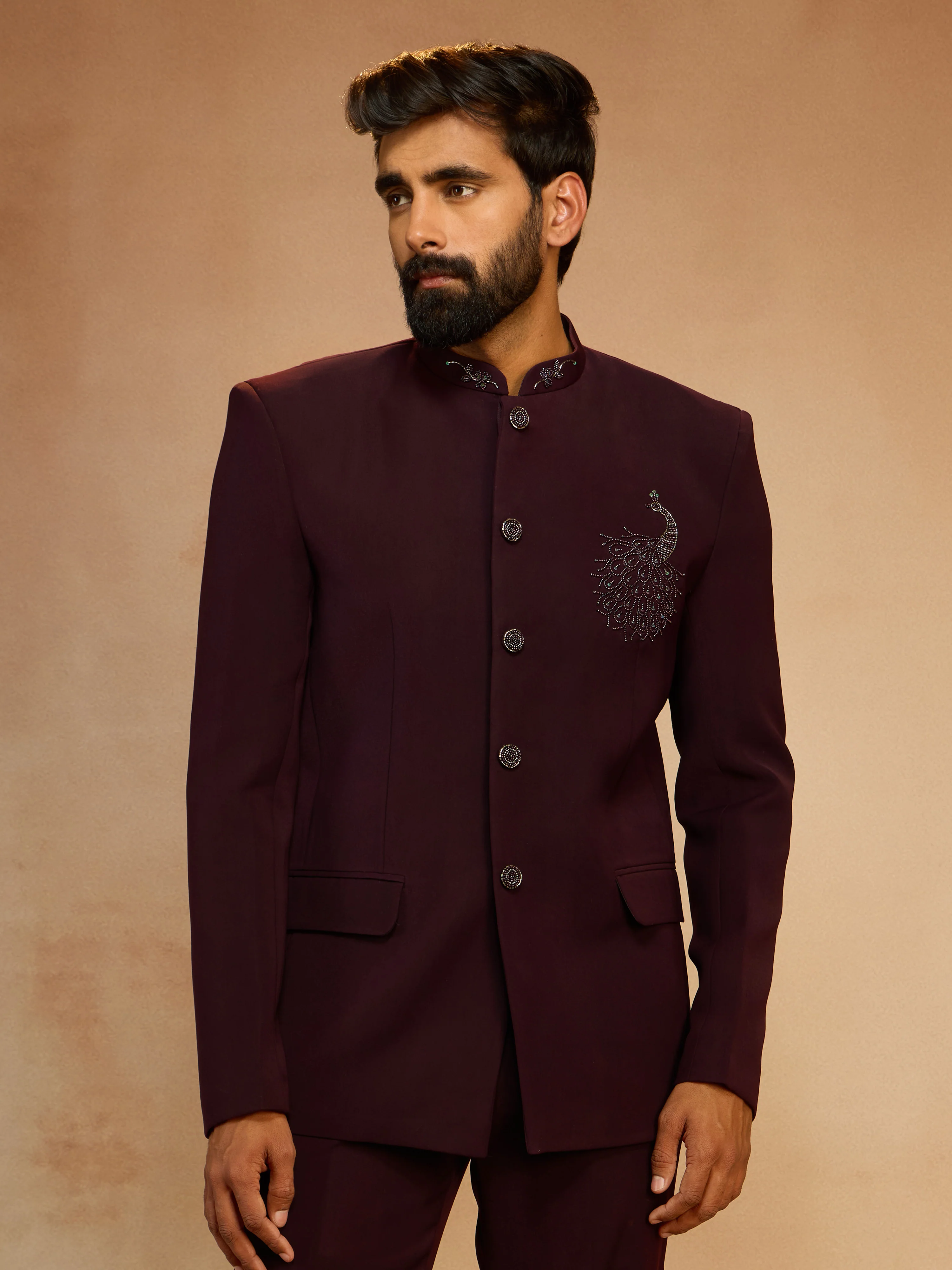 Men's Wine Sequin & Bead Embroidered Animal Floral Full Sleeve Jodhpuri - Image 3