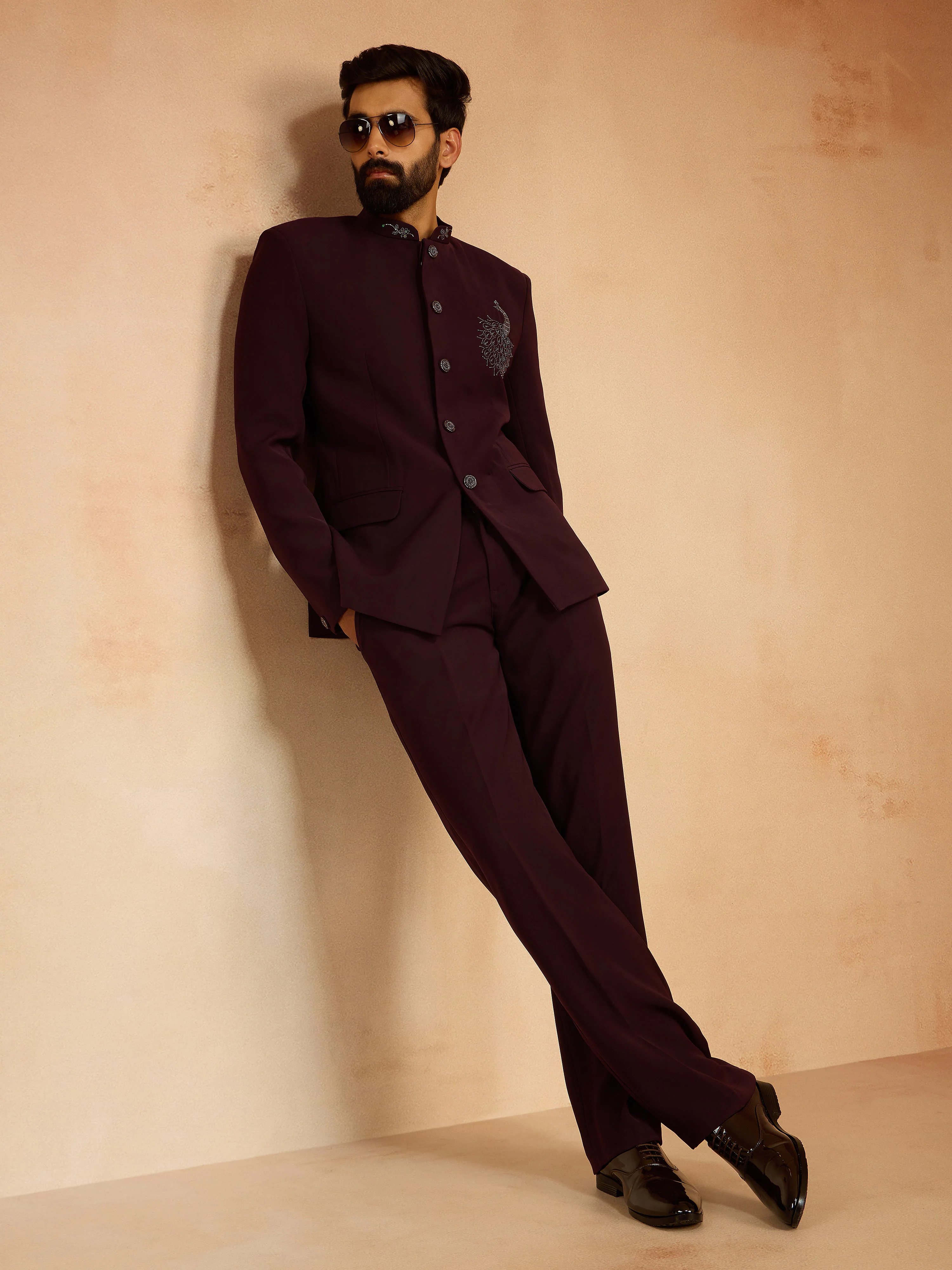 Men's Wine Sequin & Bead Embroidered Animal Floral Full Sleeve Jodhpuri - Image 5