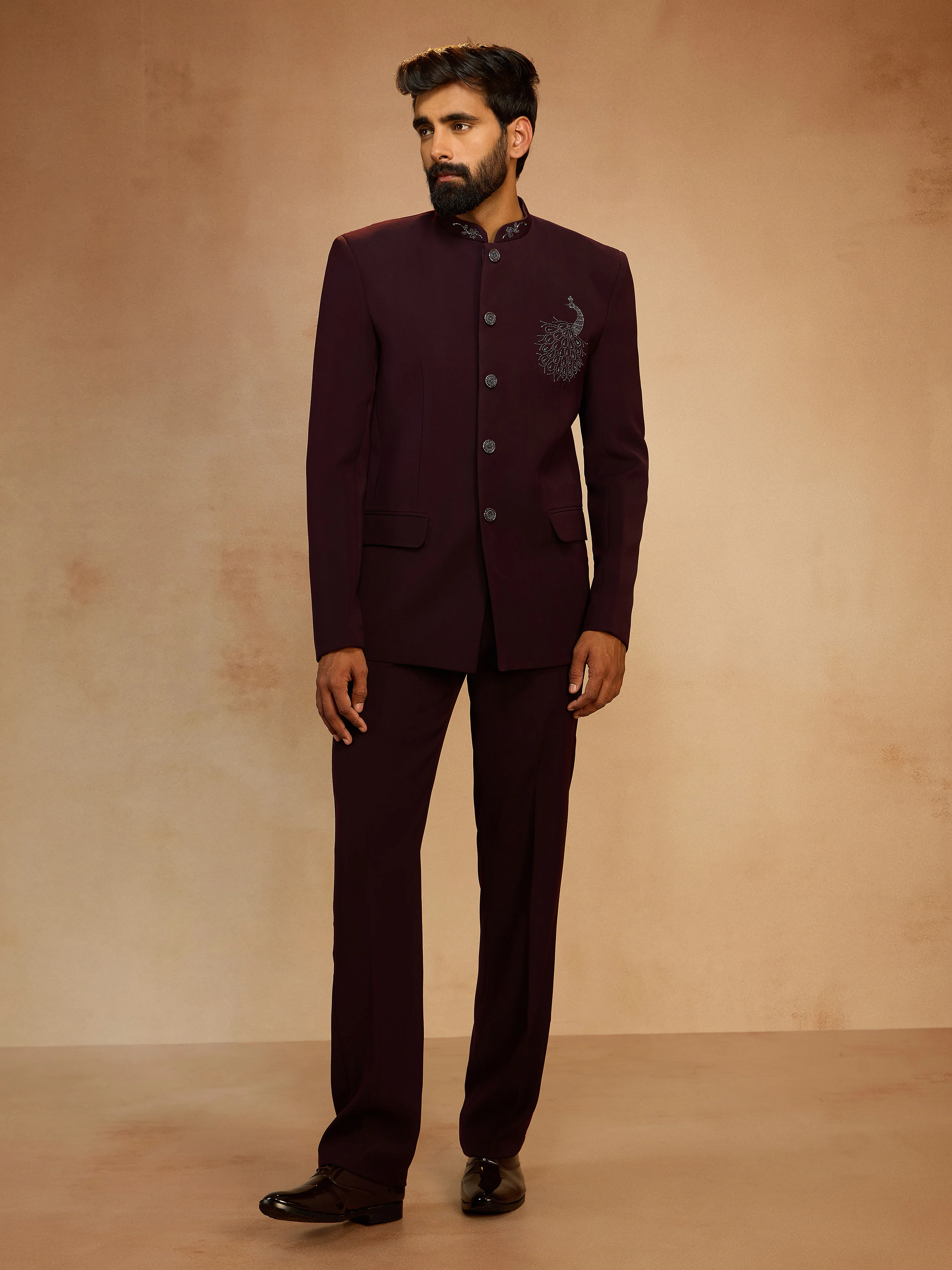 Men's Wine Sequin & Bead Embroidered Jodhpuri with Straight Pant Set - Image 3