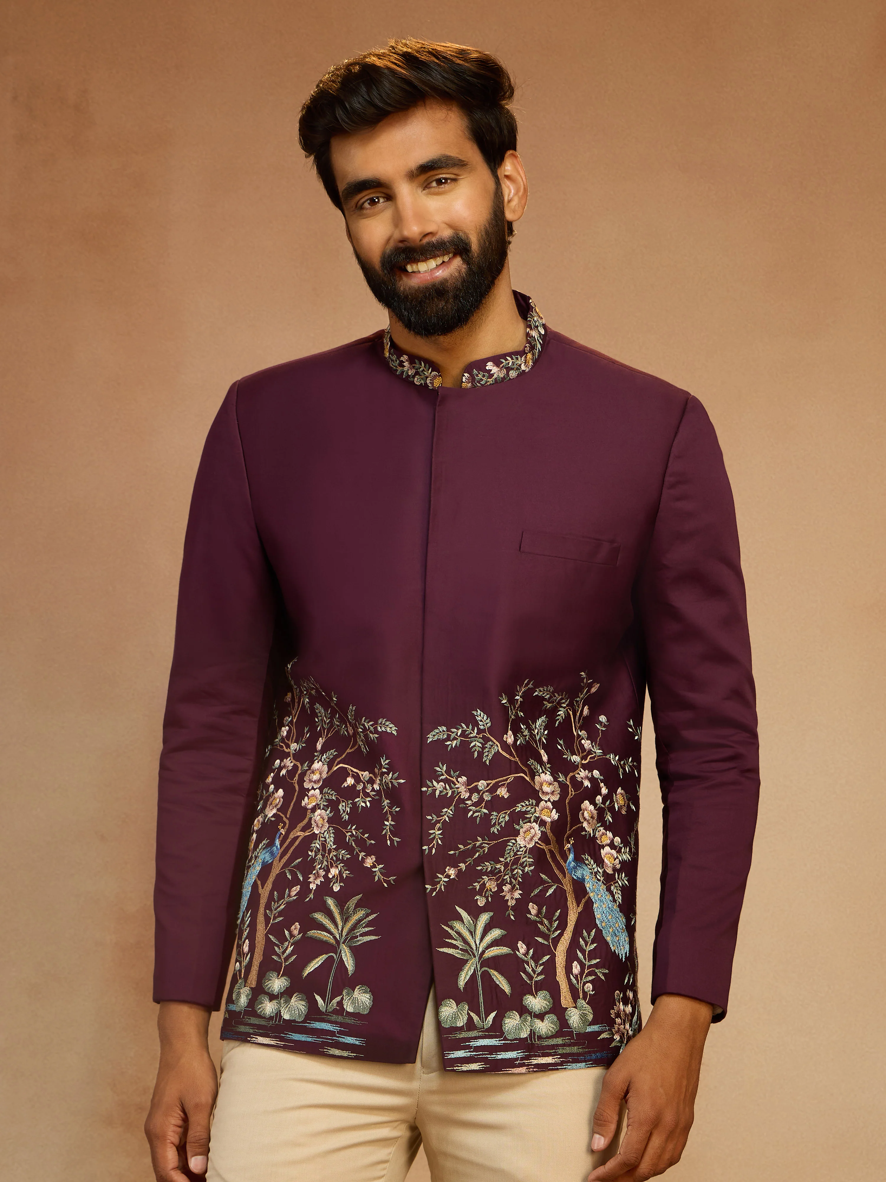 Men's Wine Silk Thread Embroidered Jodhpuri with Daman Peacock & Tree Motif - Image 3