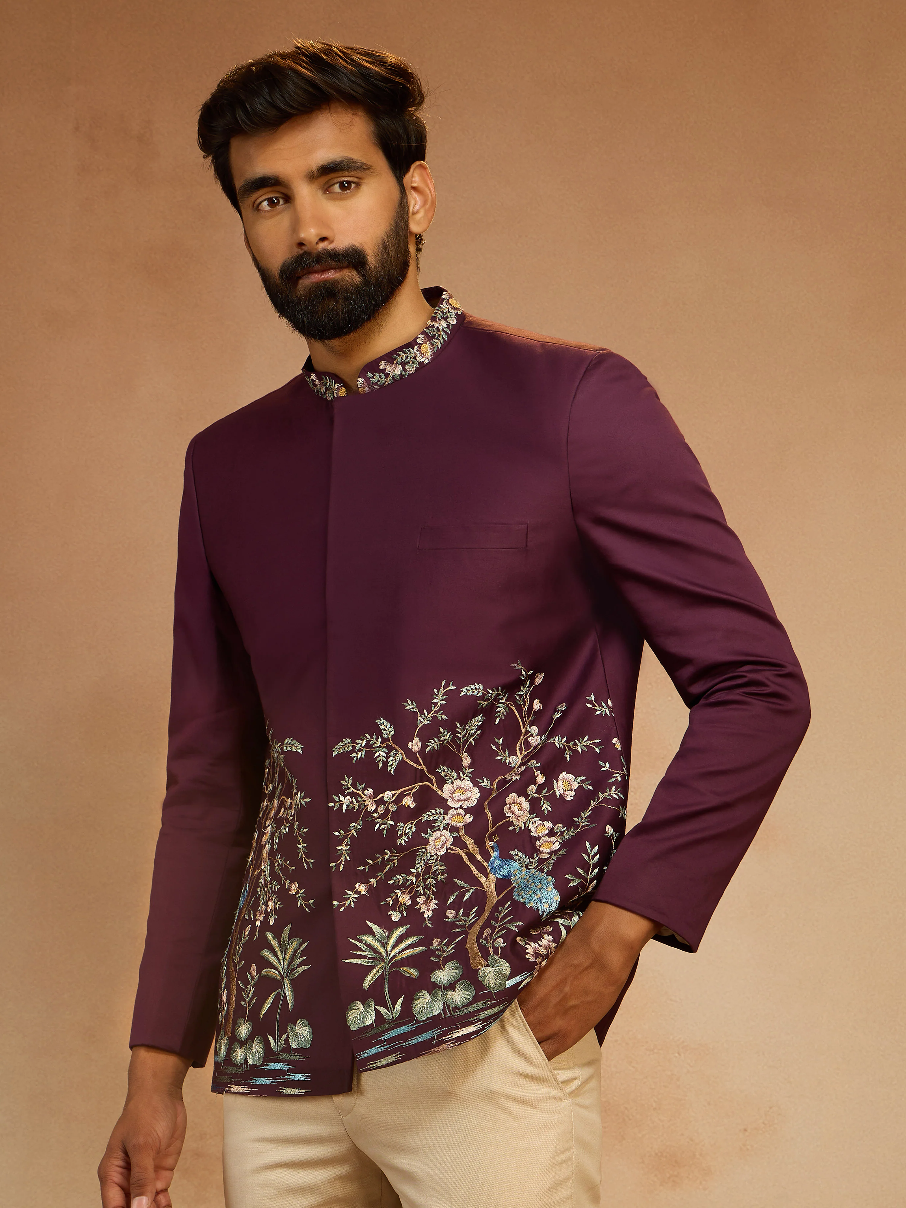 Men's Wine Silk Thread Embroidered Jodhpuri with Daman Peacock & Tree Motif - Image 4