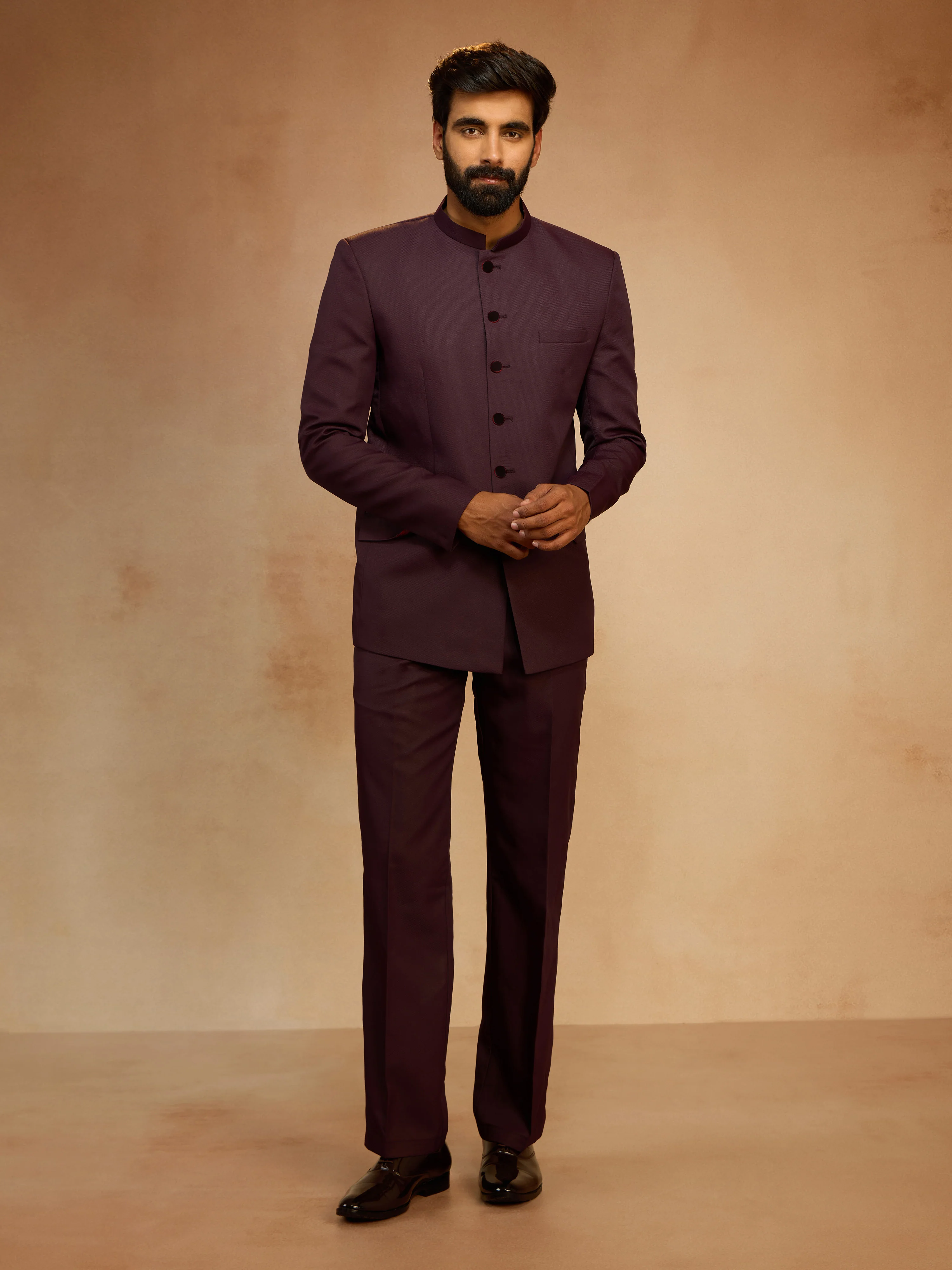 Men's Wine Solid Jute Jodhpuri Suit with Straight Pant - Image 3