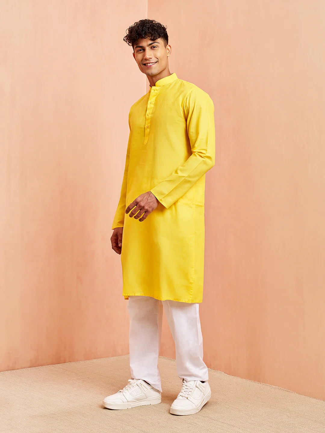 Men's Yellow Cotton Kurta with White Pyjama Set - Image 4