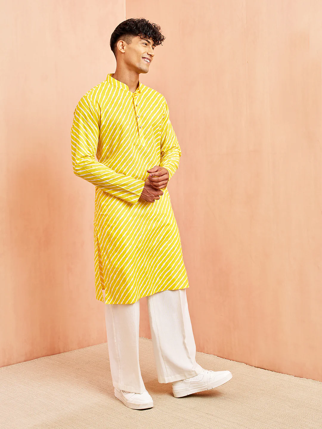 Men's Yellow Lahariya Print Kurta with White Pant Set - Image 4