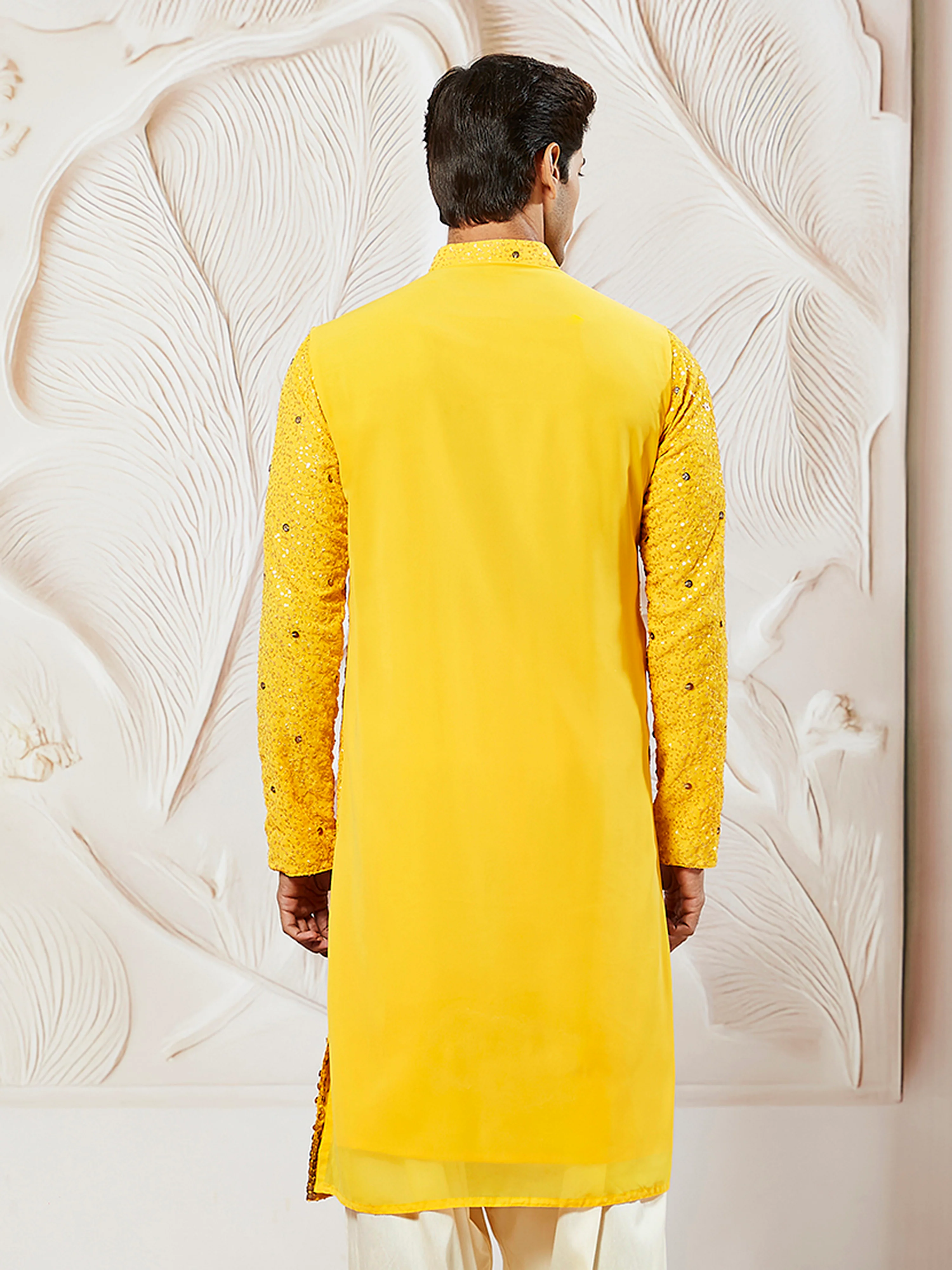 Men's Yellow Ombre Sequin Georgette Kurta with Solid Dupatta Set - Image 5