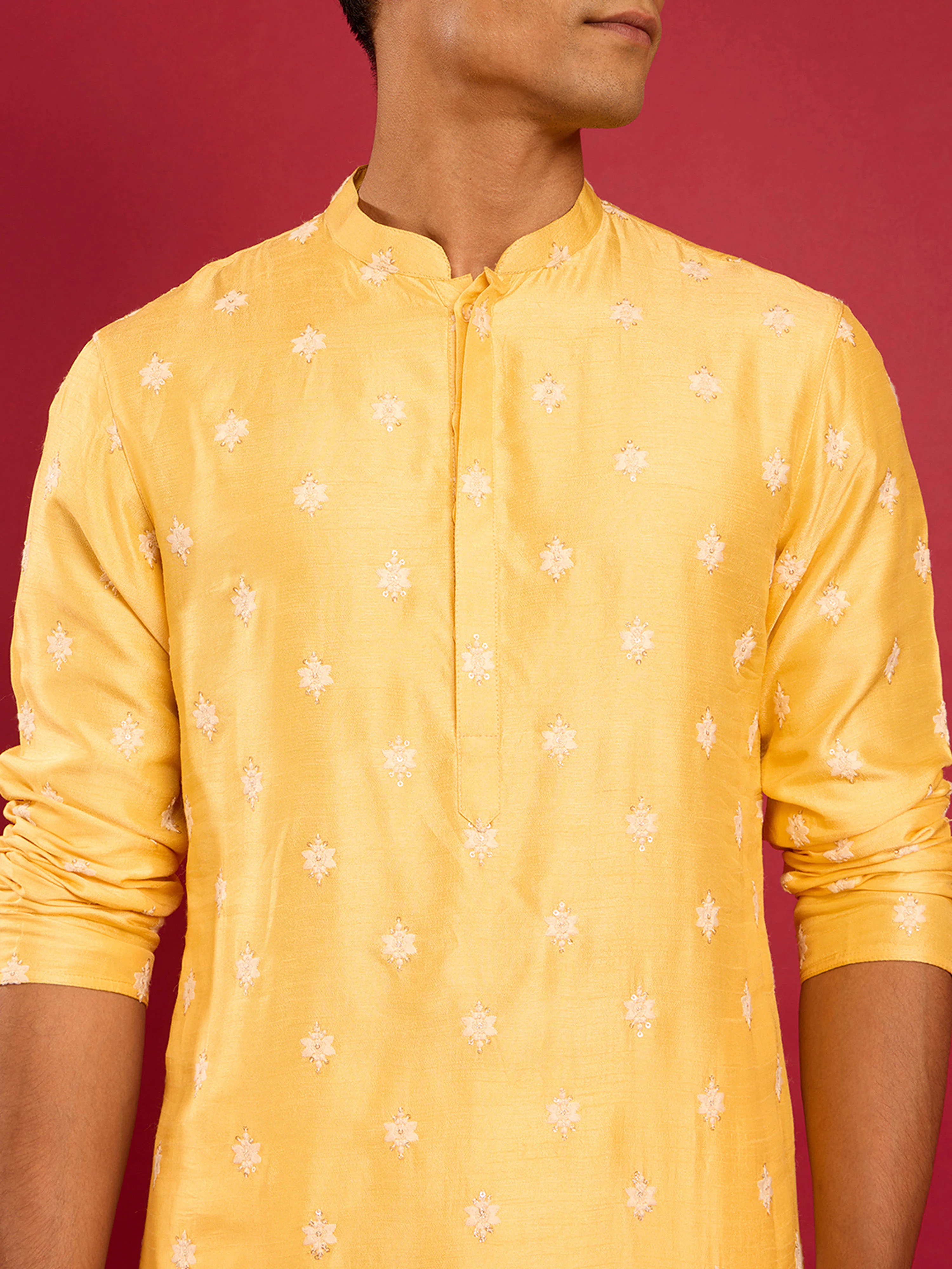 Men's Yellow Silk Thread Embroidered Kurta with Cream Fine Satin Pyjama Set - Image 2