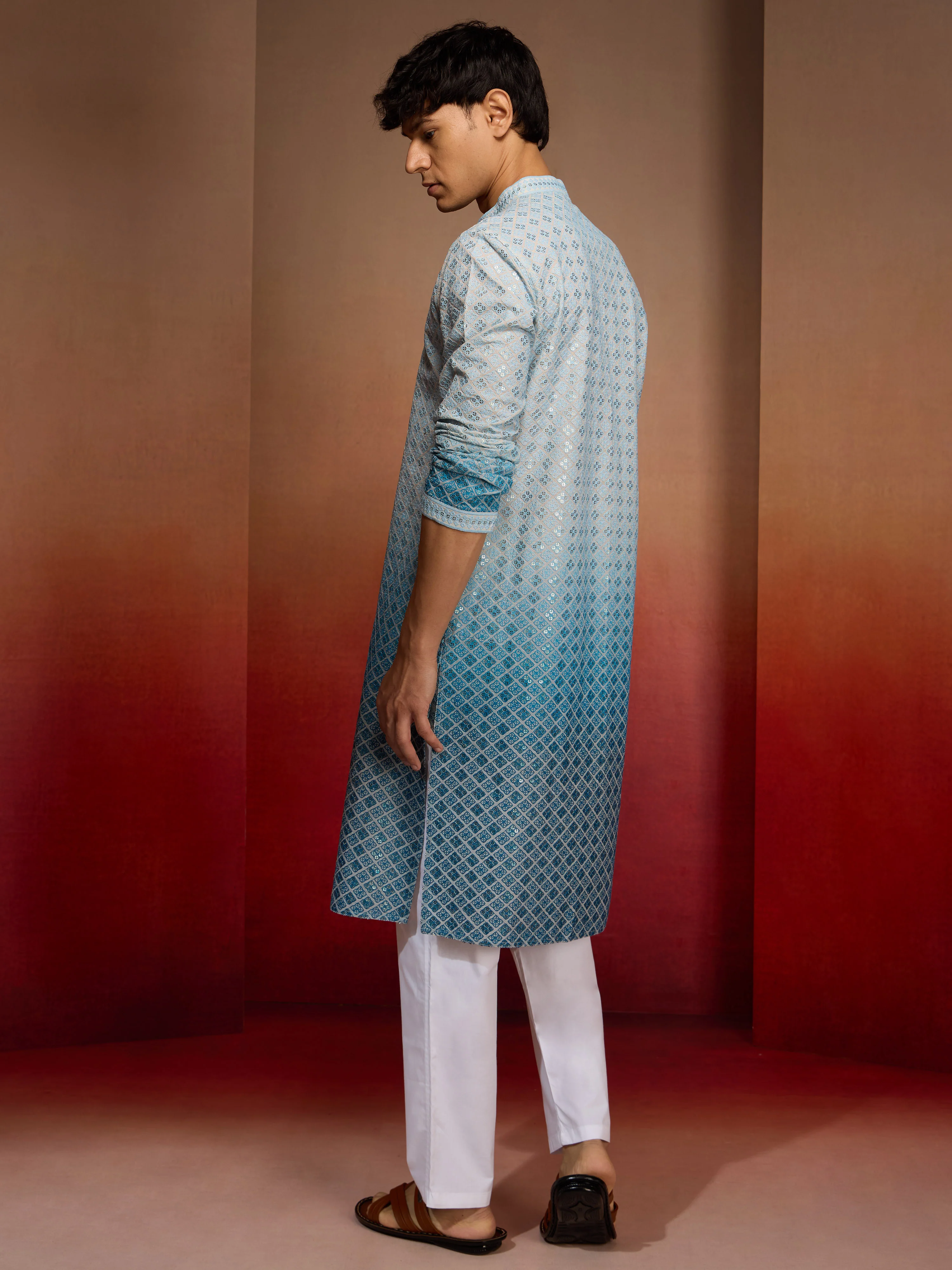 Men's Aqua Cotton Sequin Ombre Kurta with White Trousers - Image 5