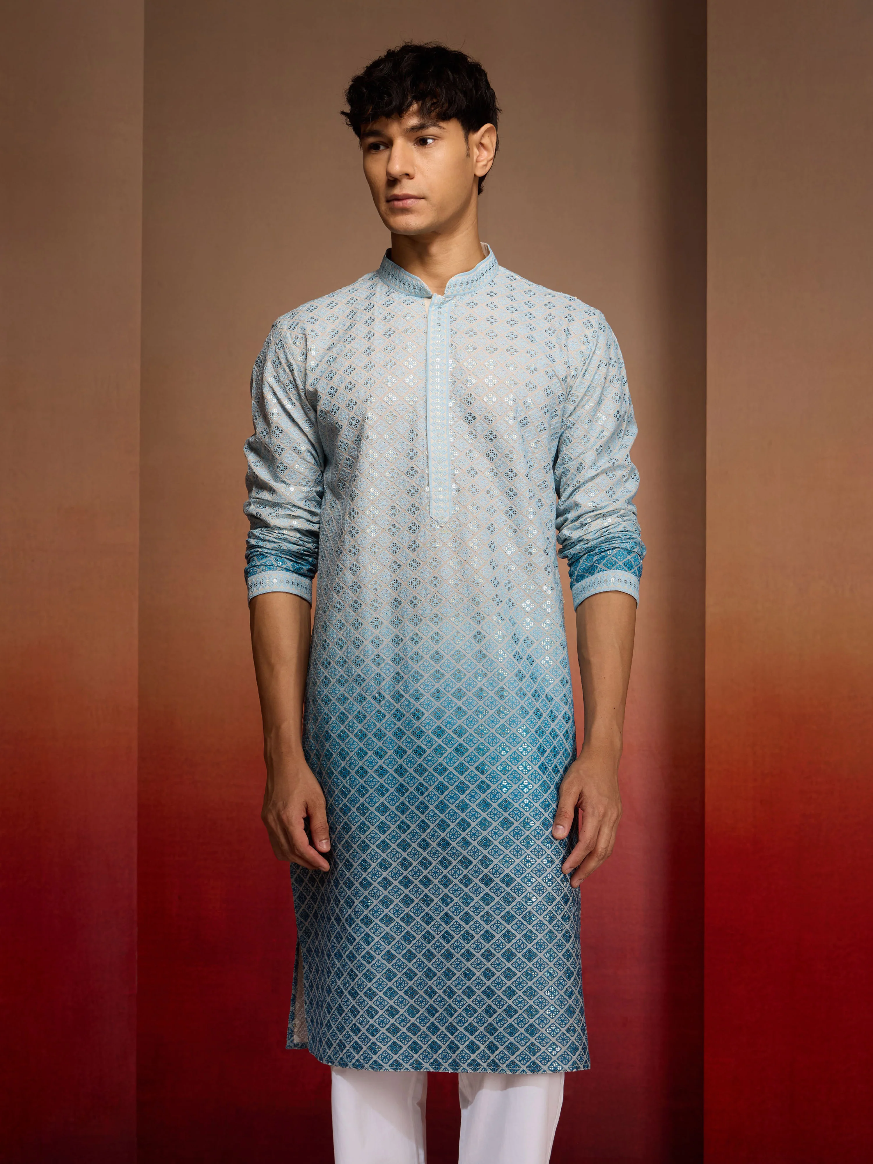 Men's Aqua Ombre Long Kurta - Image 4