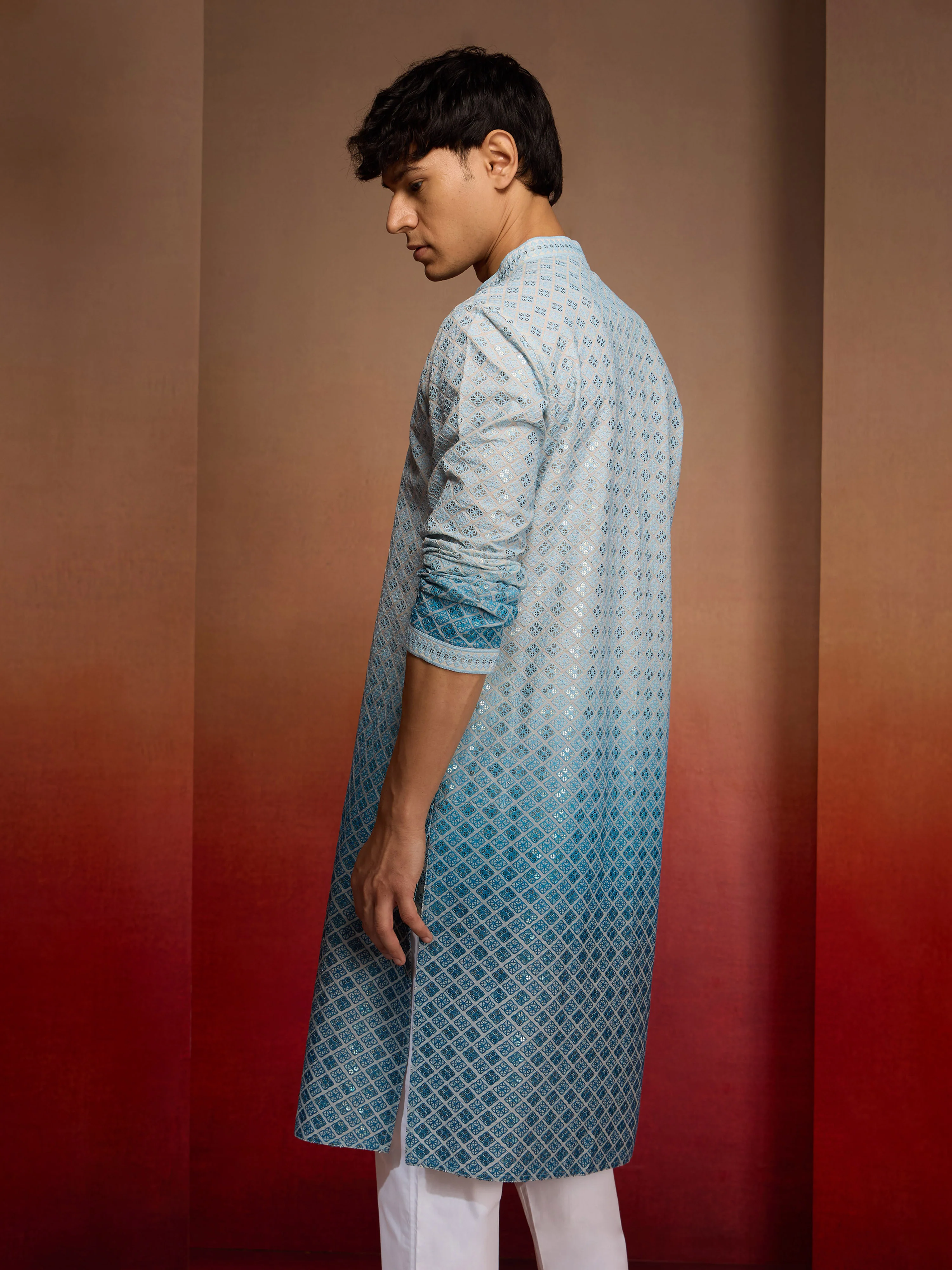 Men's Aqua Ombre Long Kurta - Image 5