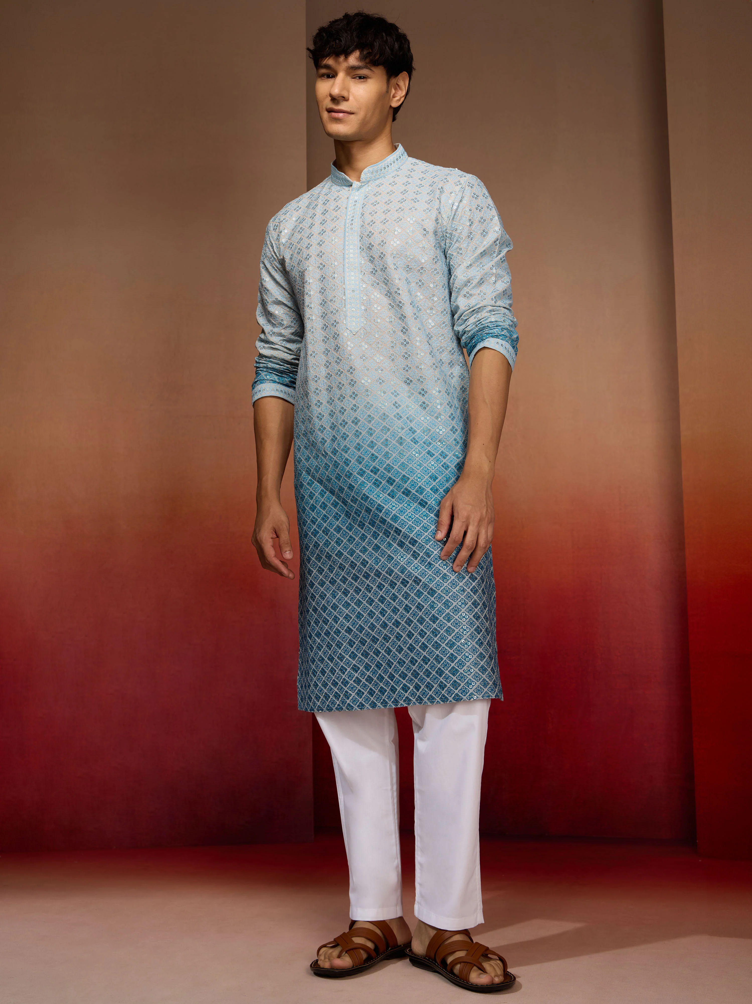 Men's Aqua Ombre Long Kurta - Image 7