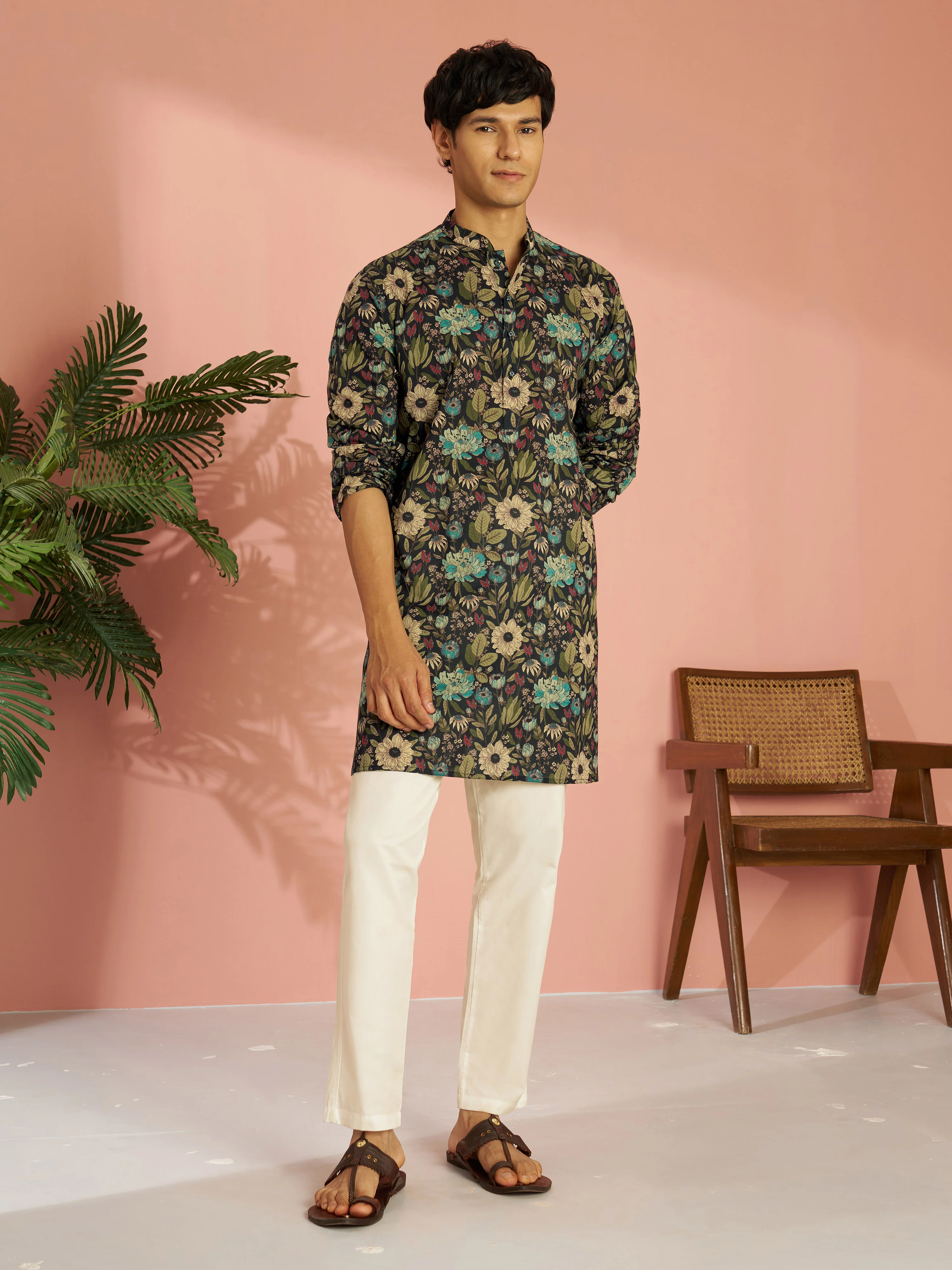 Men's Black Cotton Floral Printed Kurta with Cream Aligarh Pyjama Set - Image 4