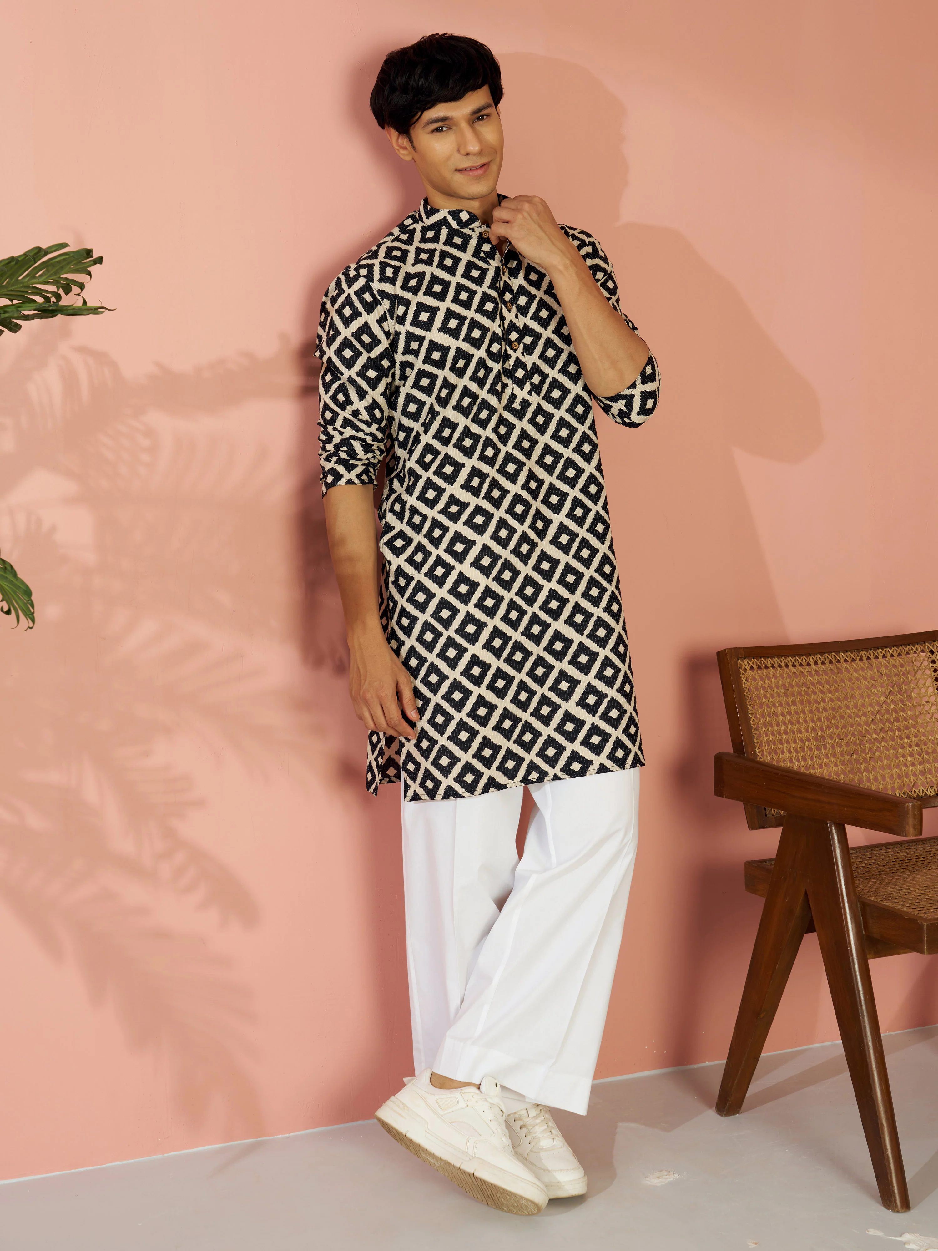 Men's Black Cotton Geometric Printed & Embroidered Kurta with White Wide Leg Pant Set