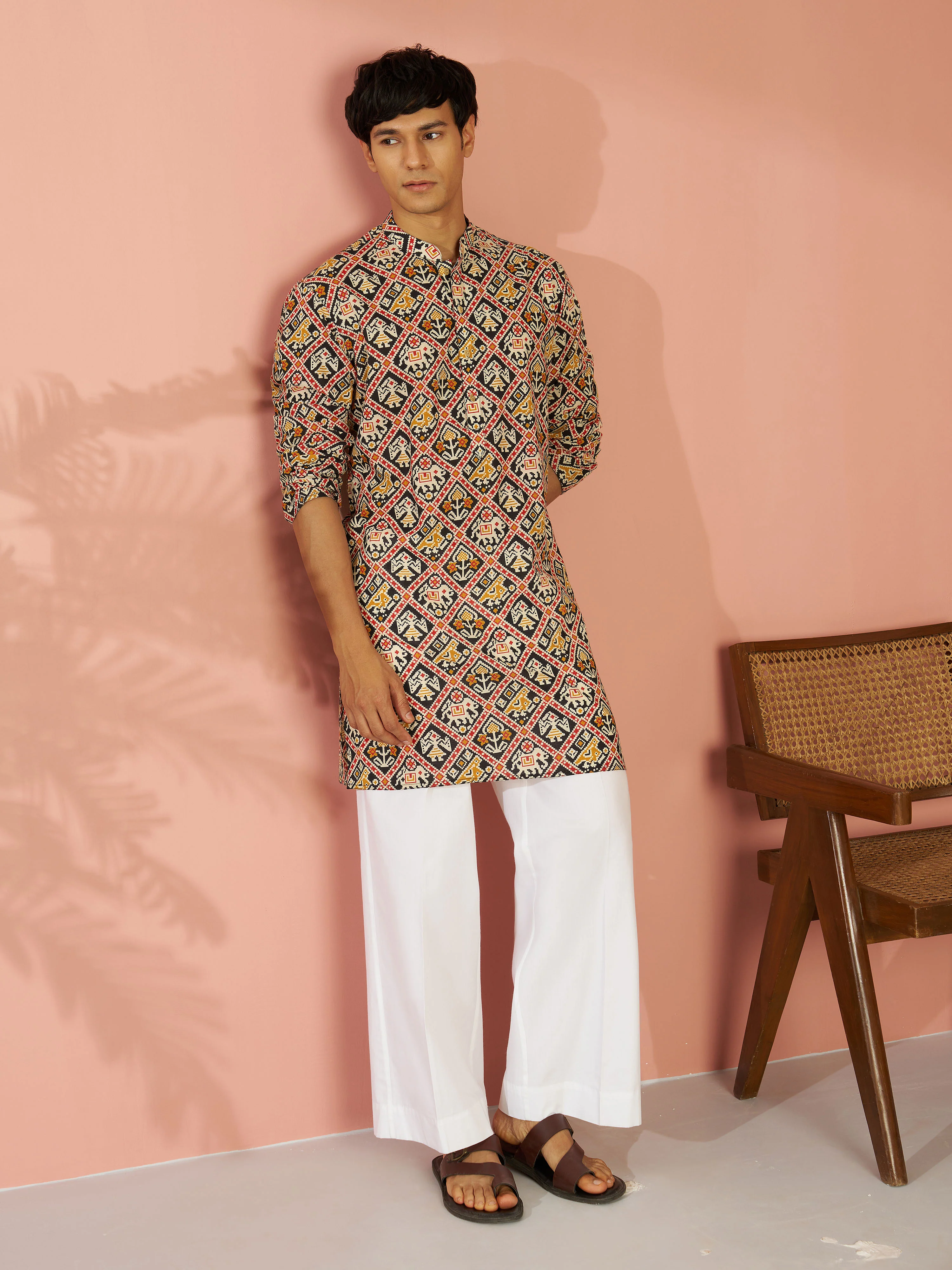 Men's Black Cotton Patola Printed Kurta with White Wide Leg Pant Set