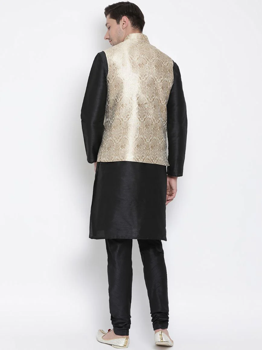 Men's Rose Gold Jacquard Jacket With Kurta Pyjama Set - Image 3