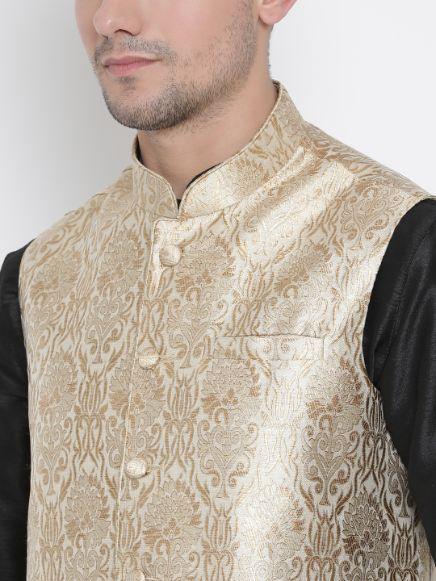 Men's Rose Gold Jacquard Jacket With Kurta Pyjama Set - Image 4