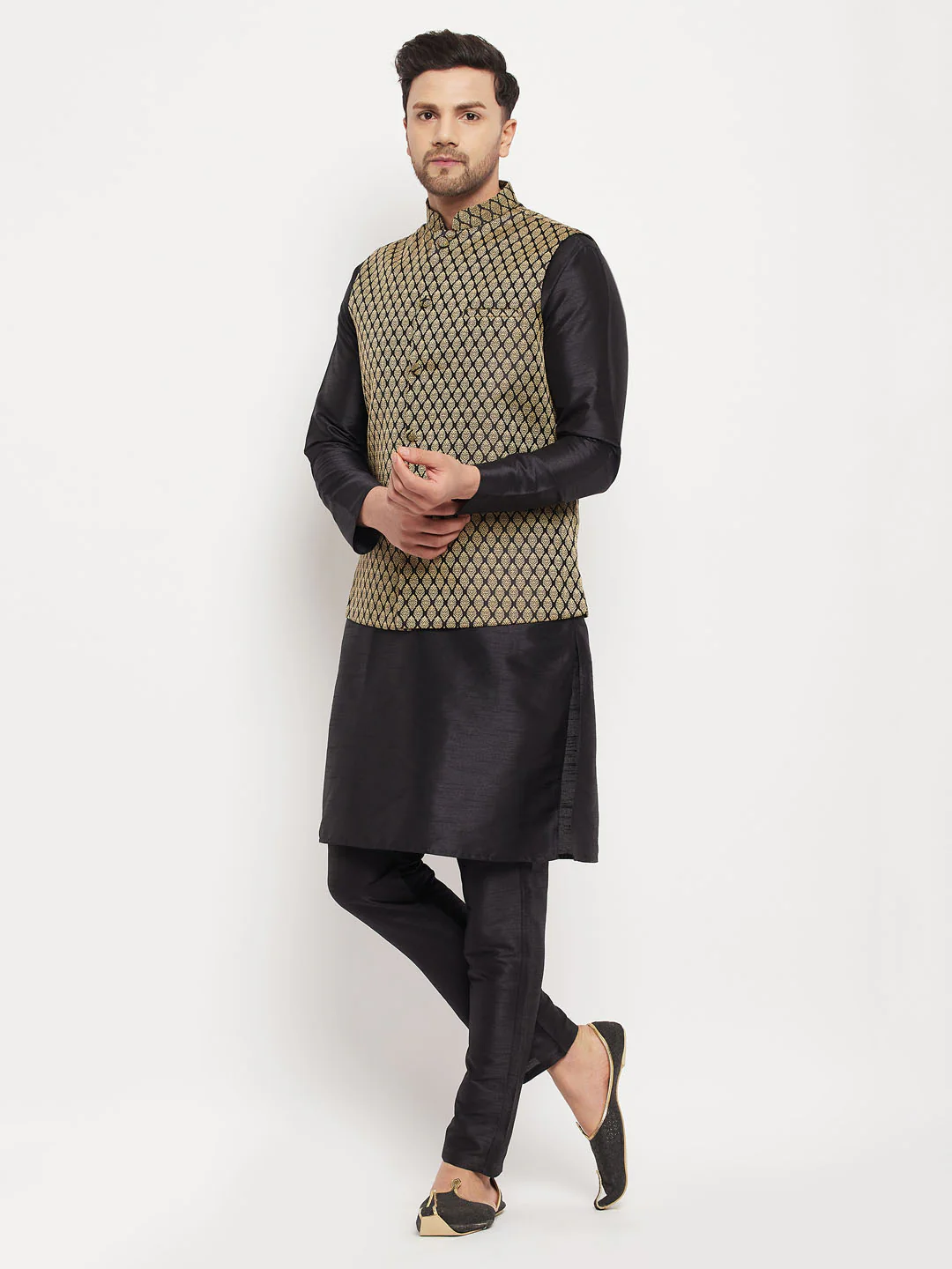 VASTRAMAY Men's Black Silk Blend Jacket With Kurta Pant Set - Image 6