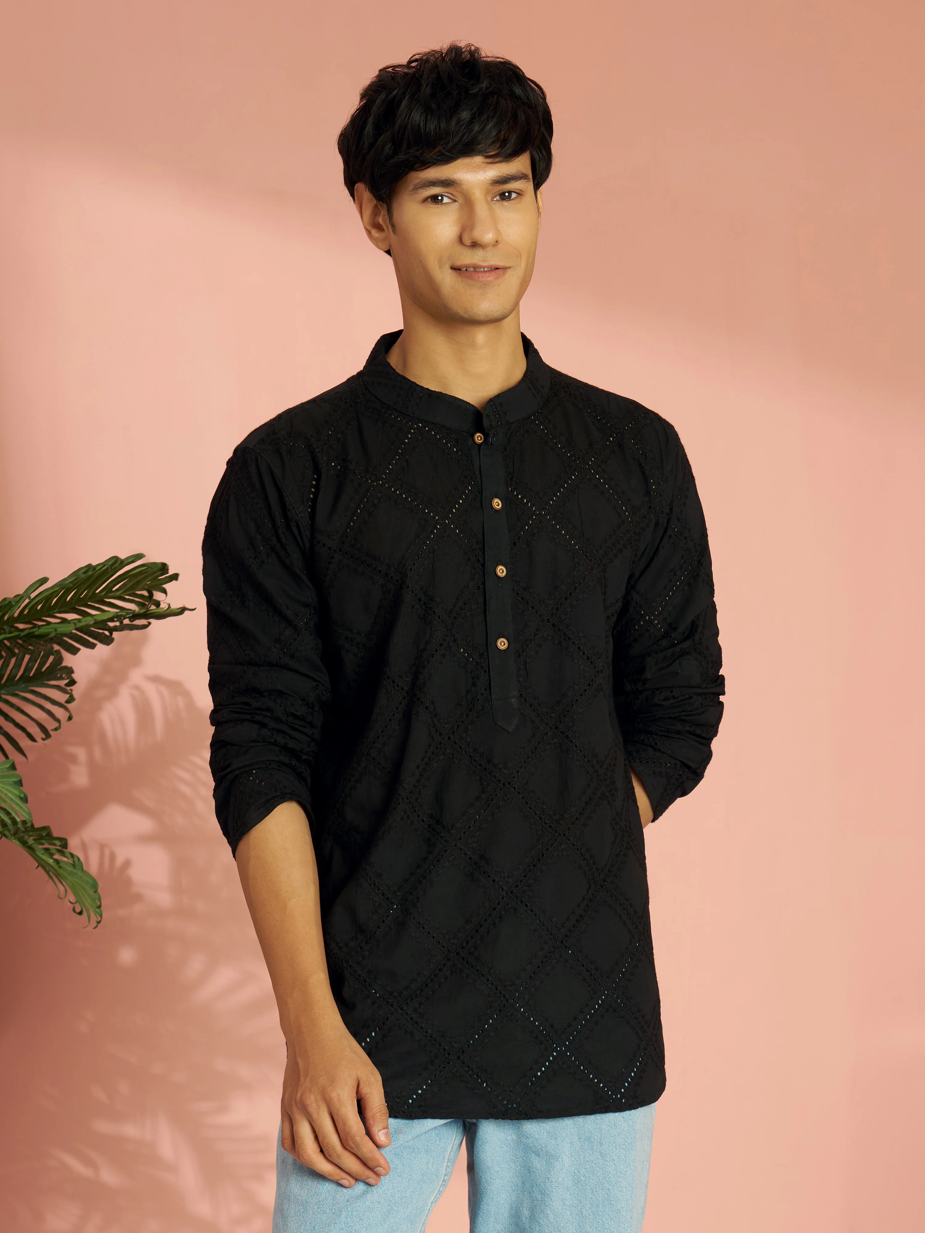 Men's Black Cotton Thread Embroidered Short Kurta - Image 4