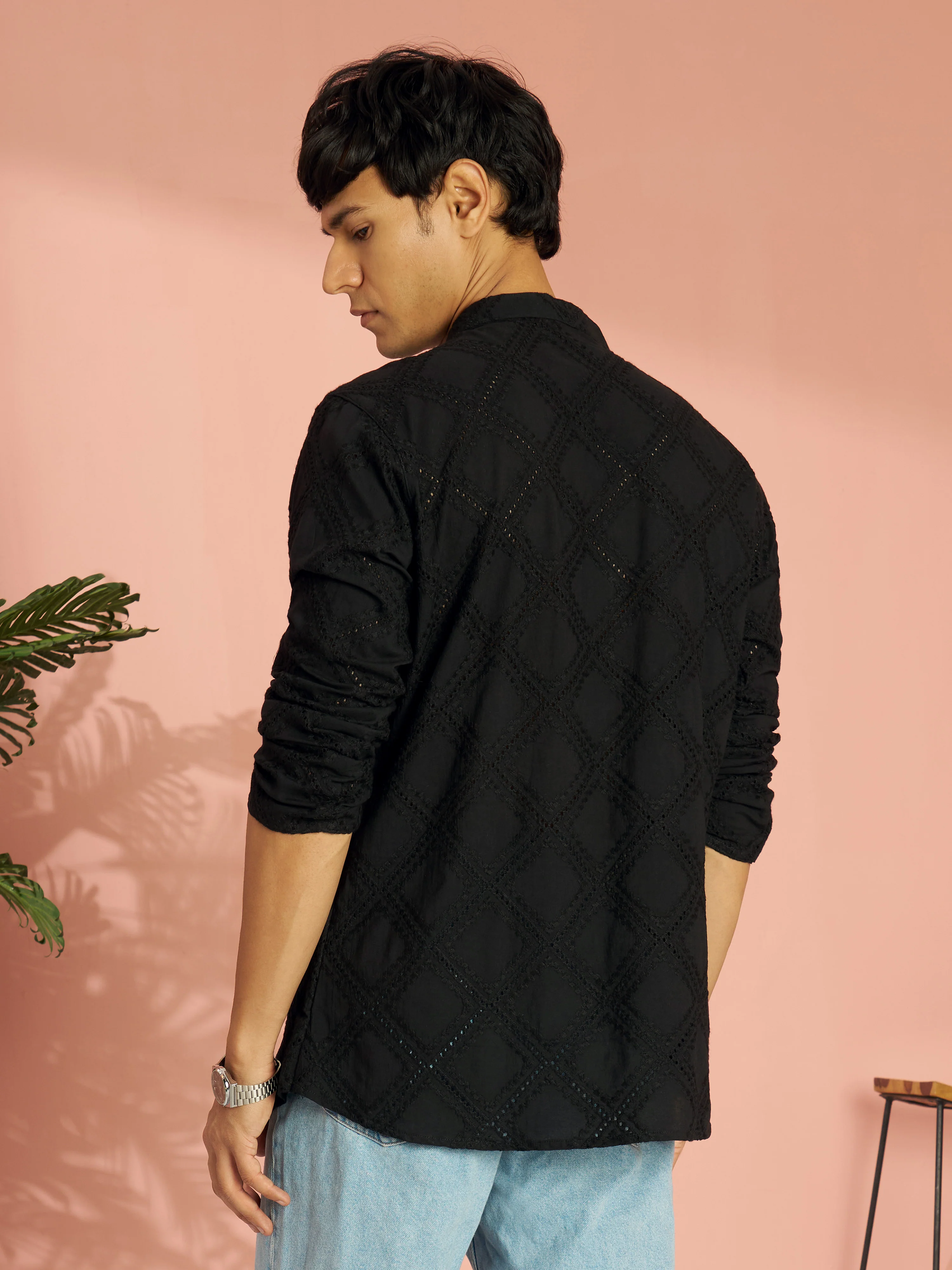 Men's Black Cotton Thread Embroidered Short Kurta - Image 5