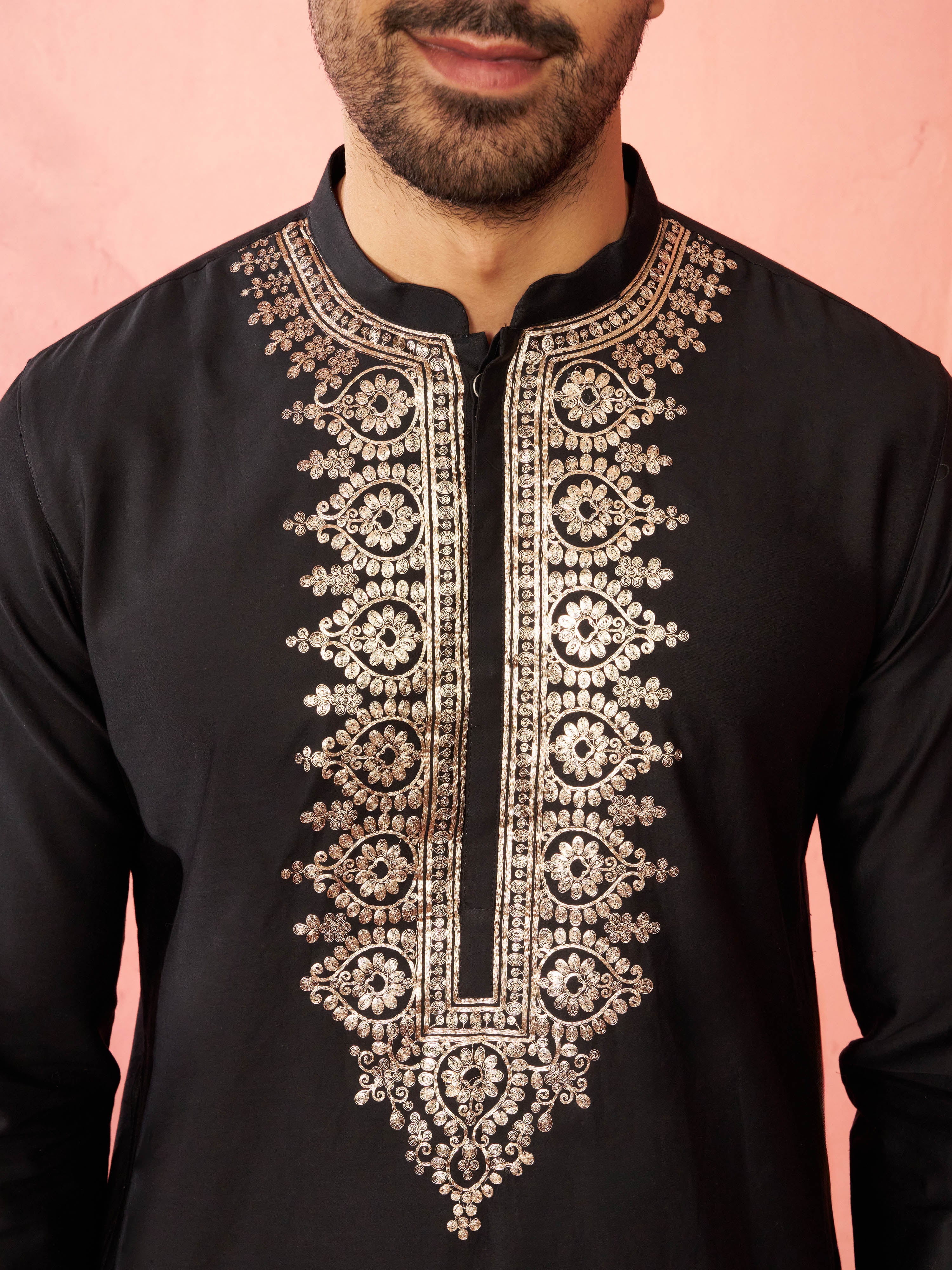 Men's Black Fine Satin Kurta with Pyjama - Image 2