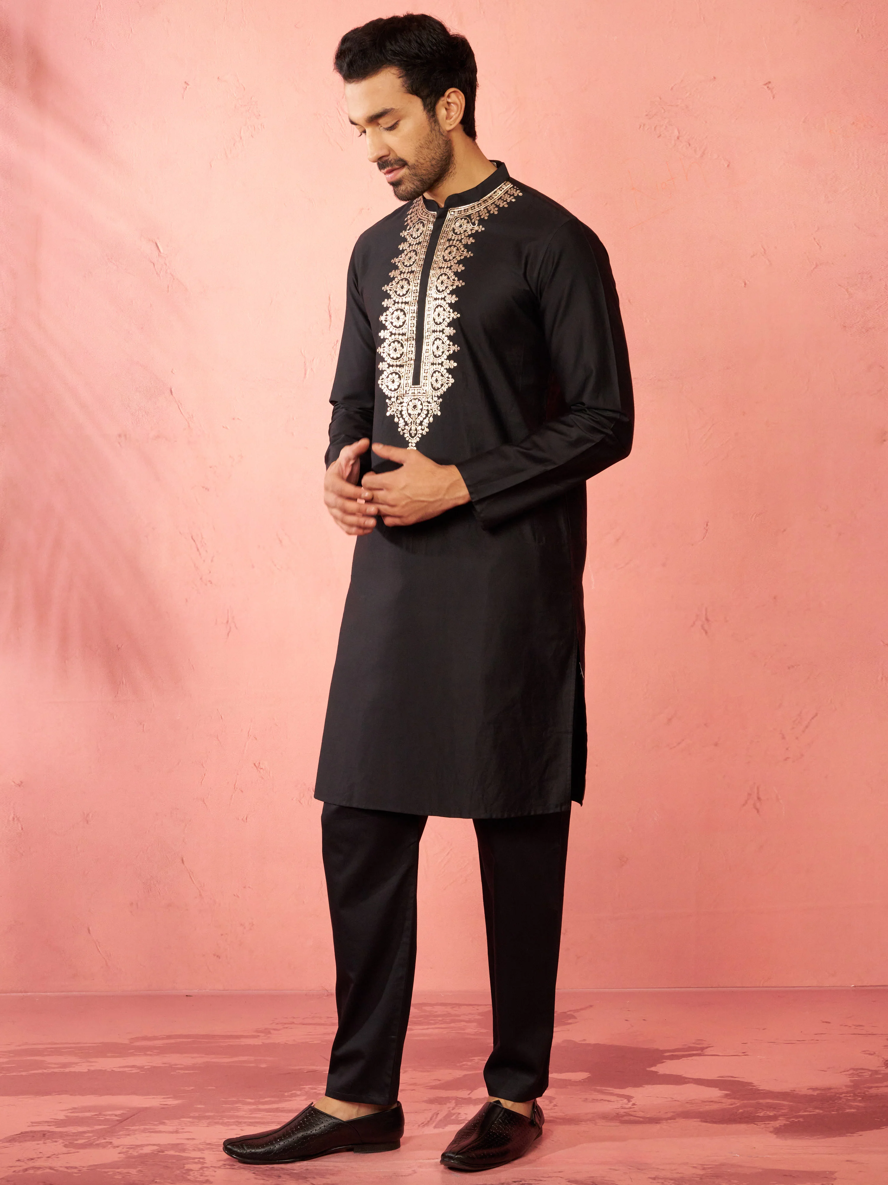 Men's Black Fine Satin Kurta with Pyjama - Image 4
