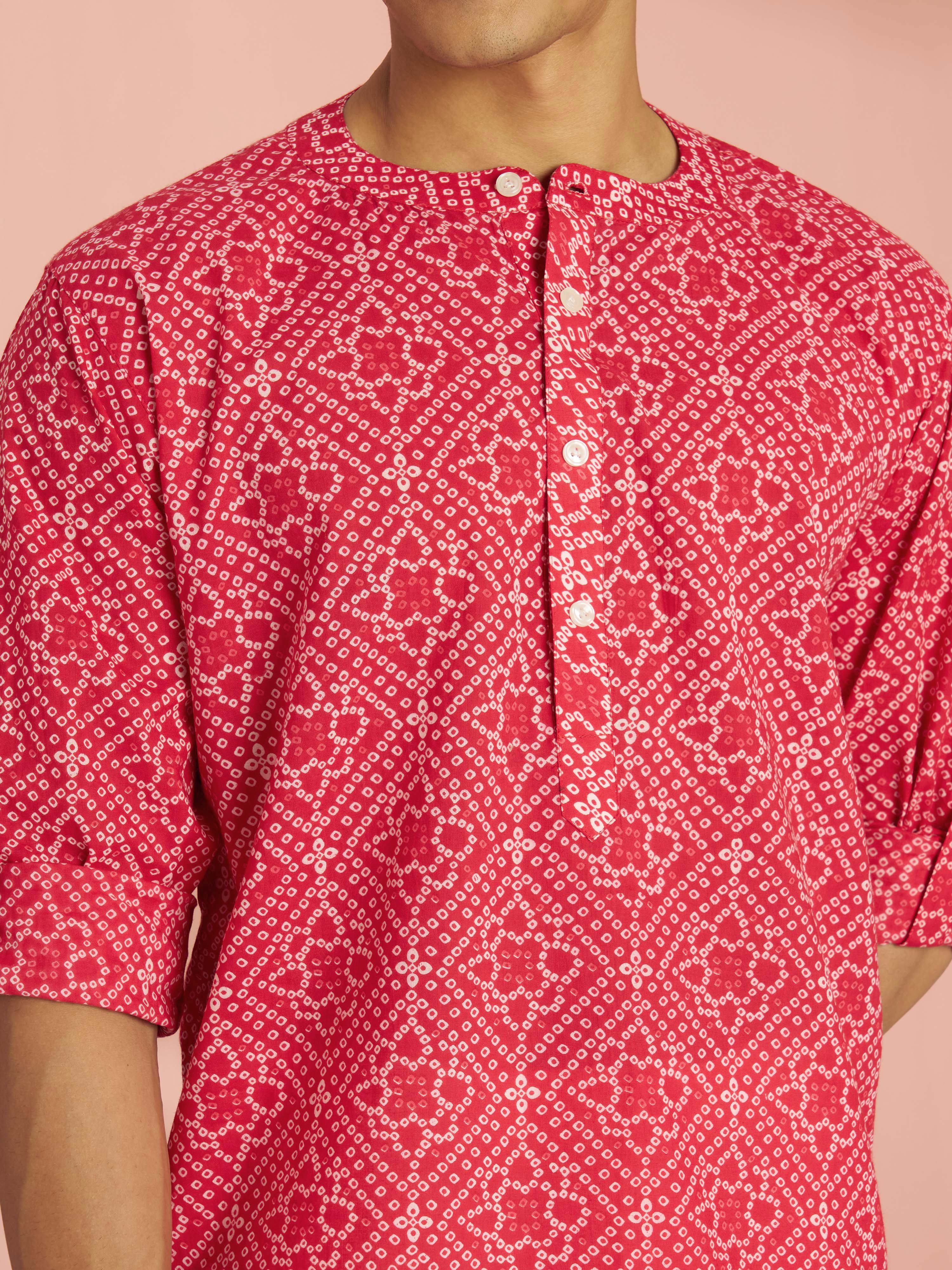 Men's Red Bandhani Flower Print Cotton Cambric Short Kurta - Image 2