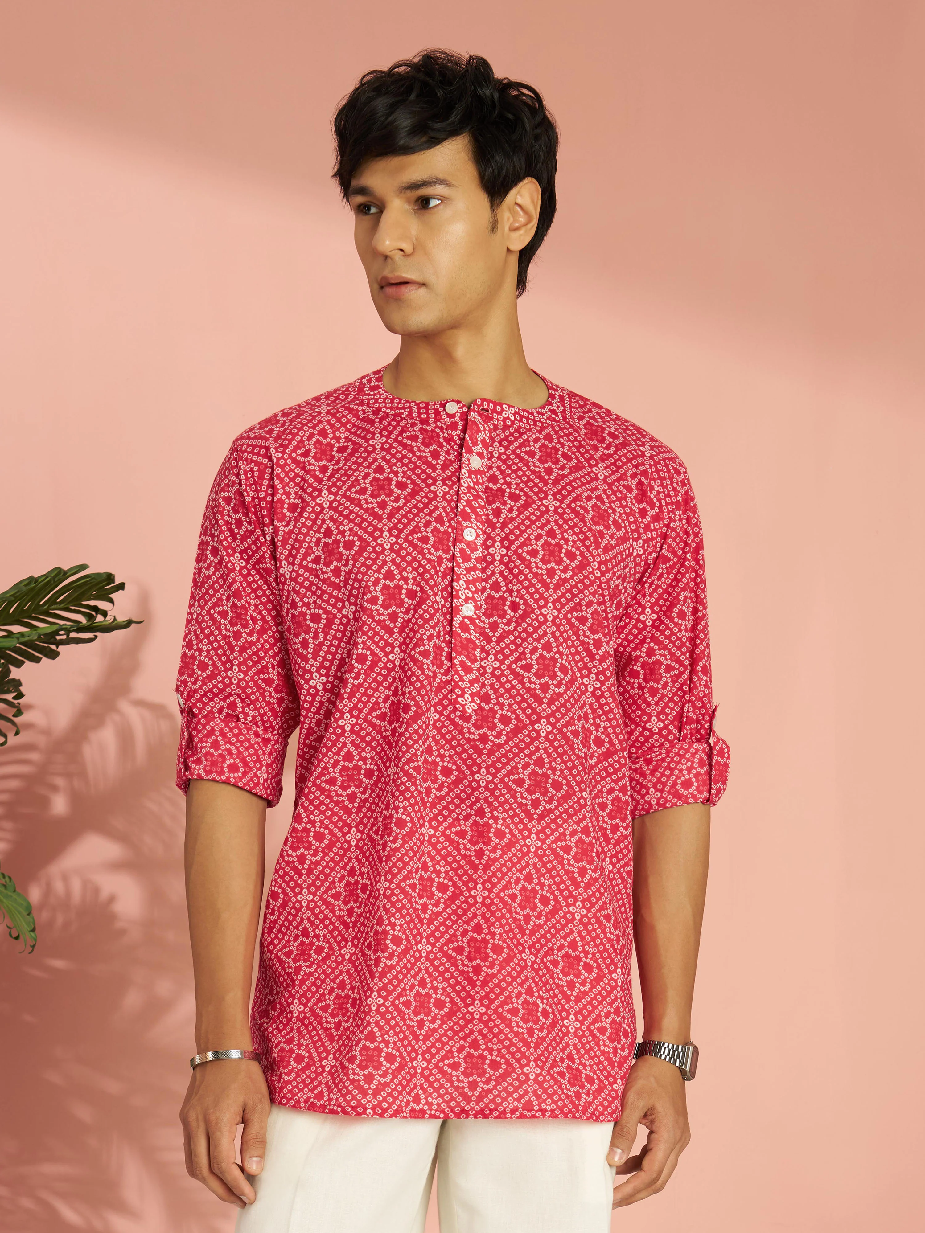 Men's Red Bandhani Flower Print Cotton Cambric Short Kurta - Image 3