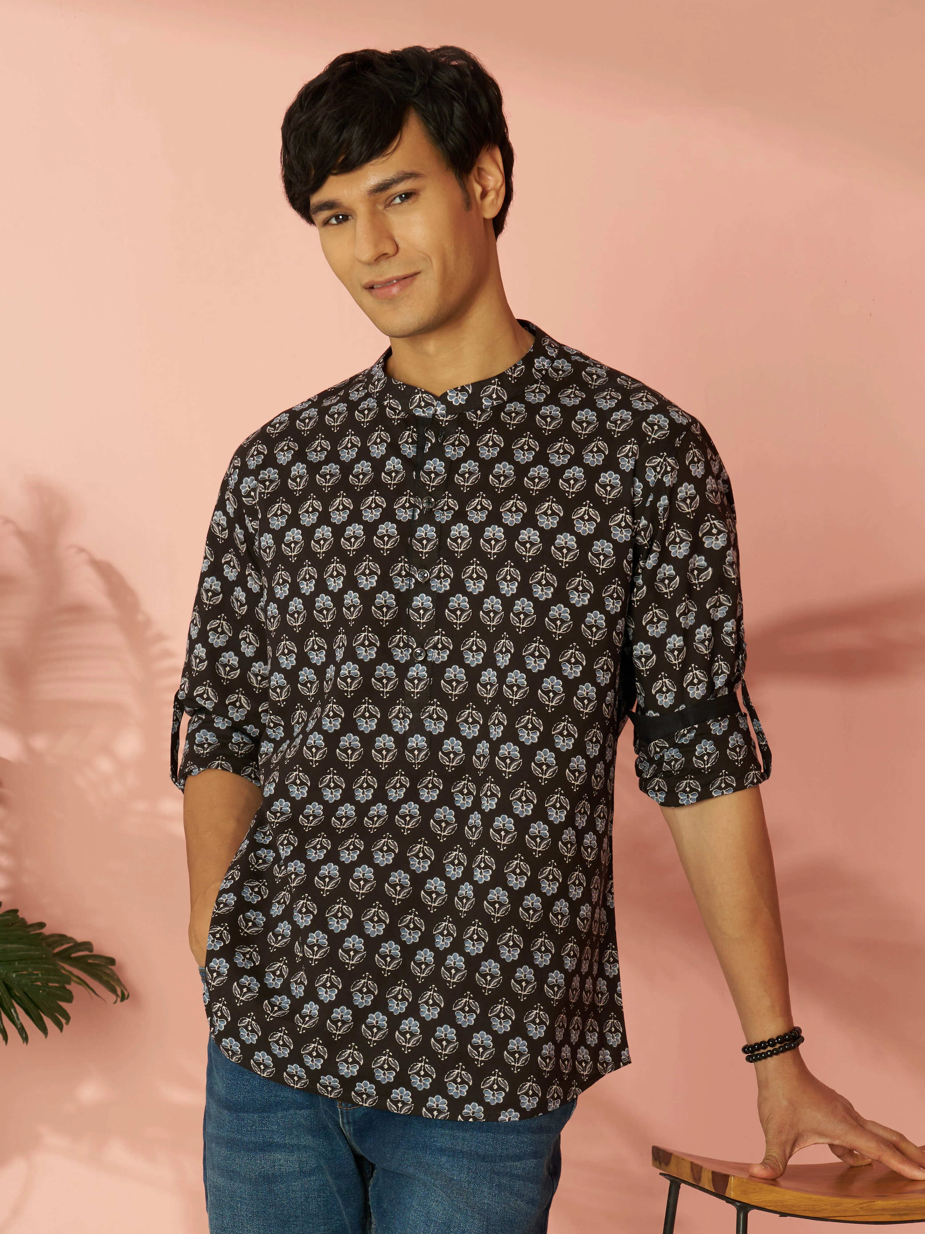 Men's Black Floral Print Cotton Short Kurta