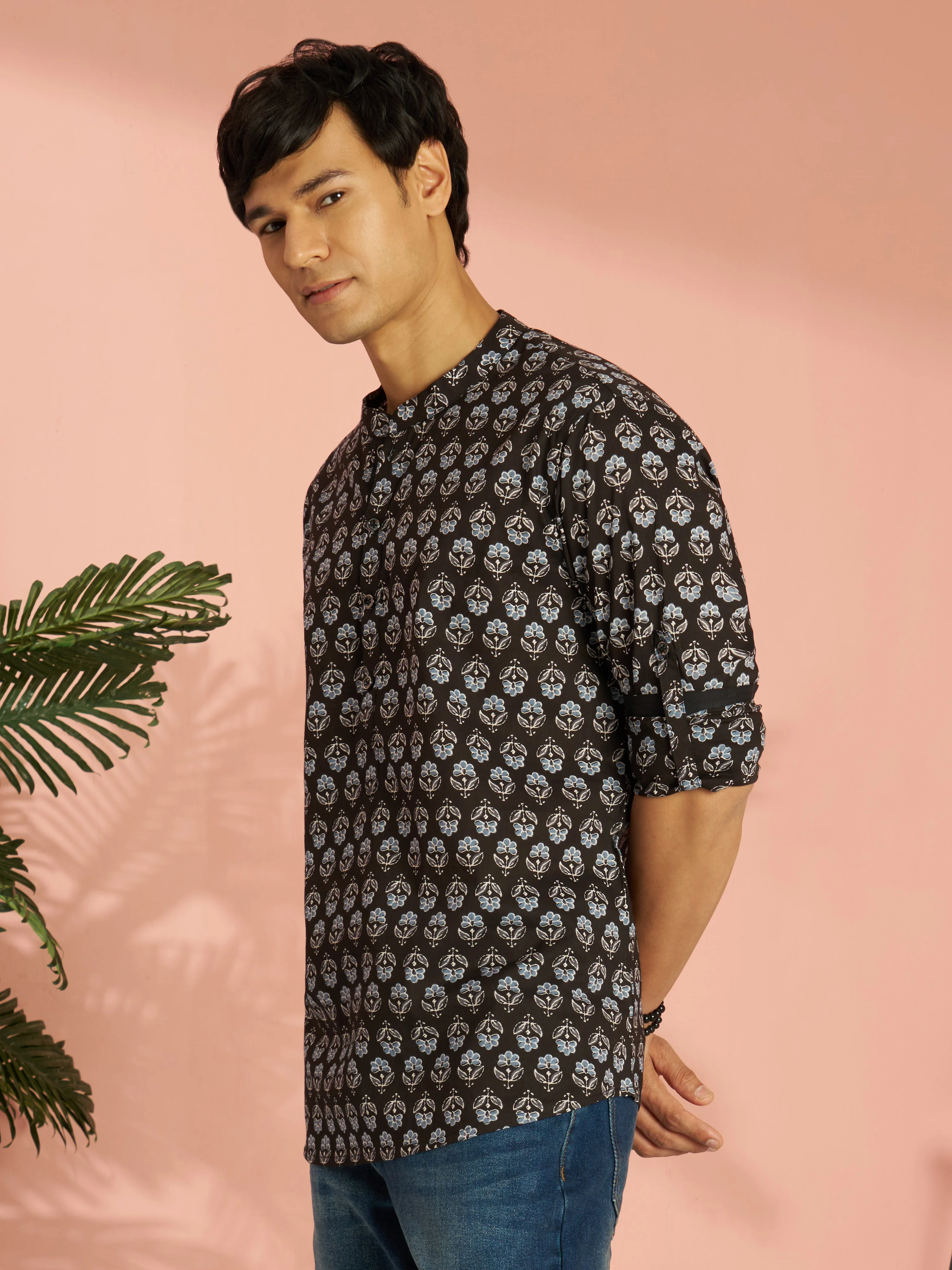 Men's Black Floral Print Cotton Short Kurta - Image 3