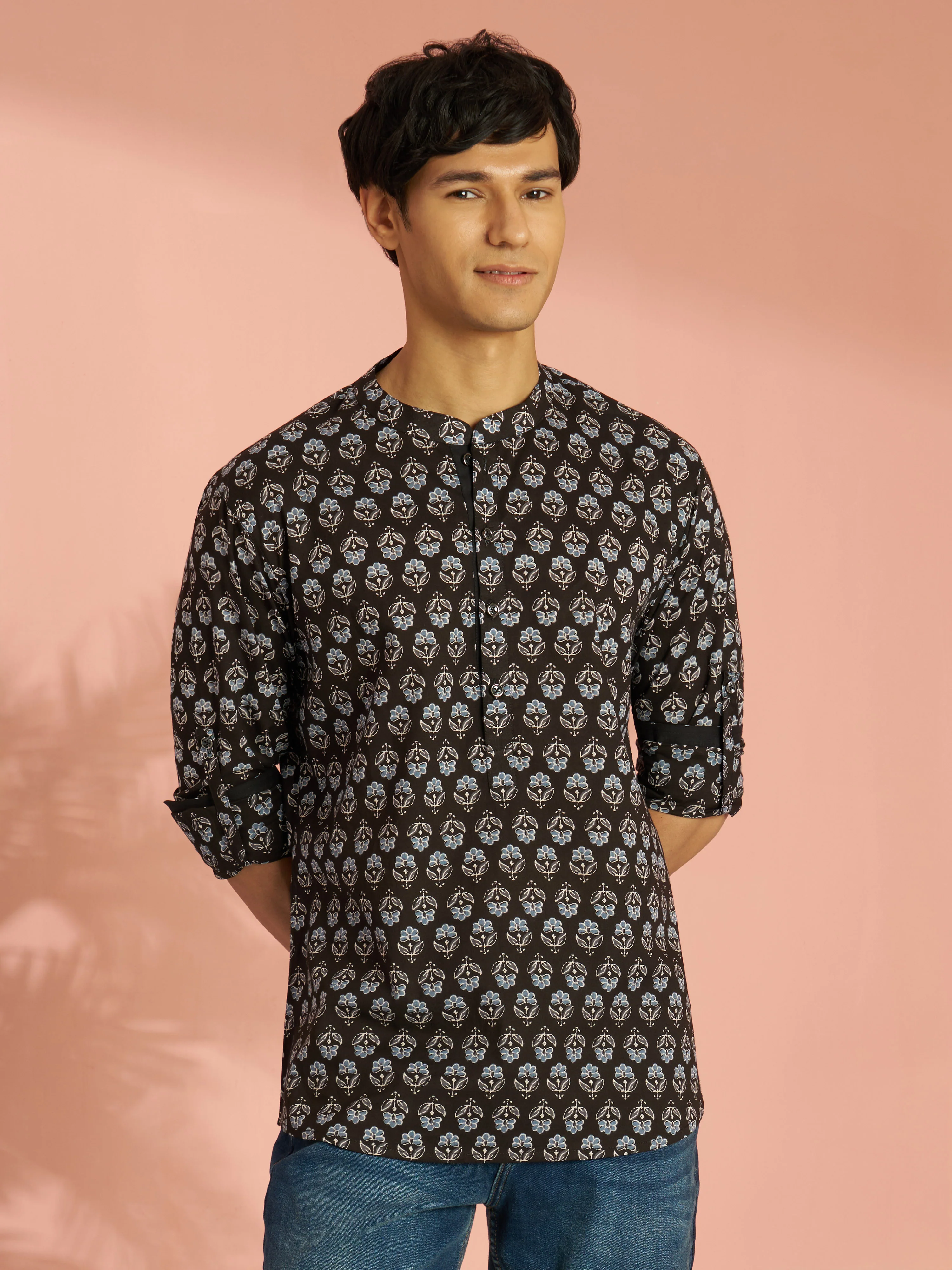 Men's Black Floral Print Cotton Short Kurta - Image 4