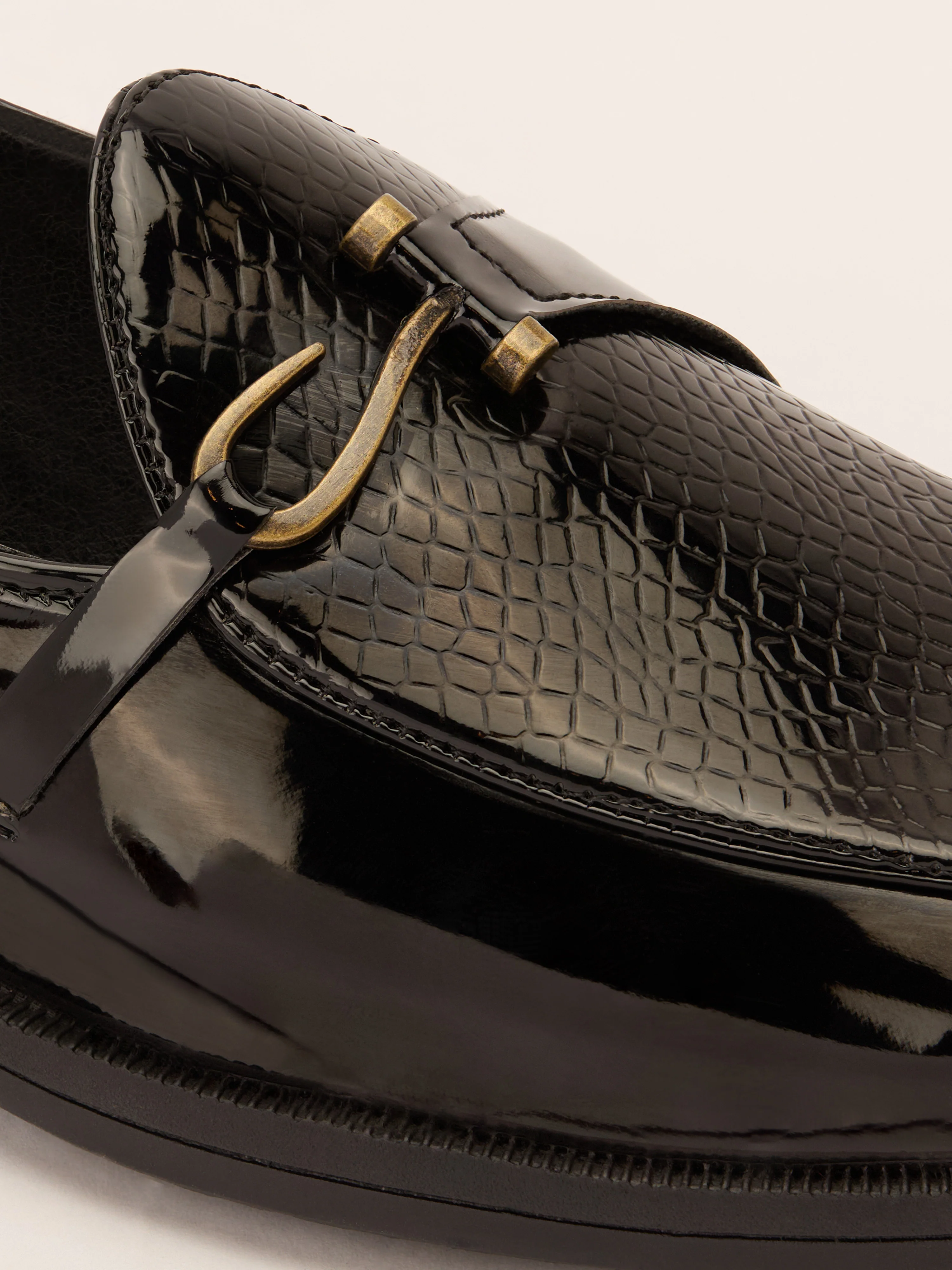 Men's Black Patent Croc-Embossed Buckle Loafer | Brass-Toned Metallic Strap | High-Shine Finish | Almond Toe | Airmix Sole - Image 2