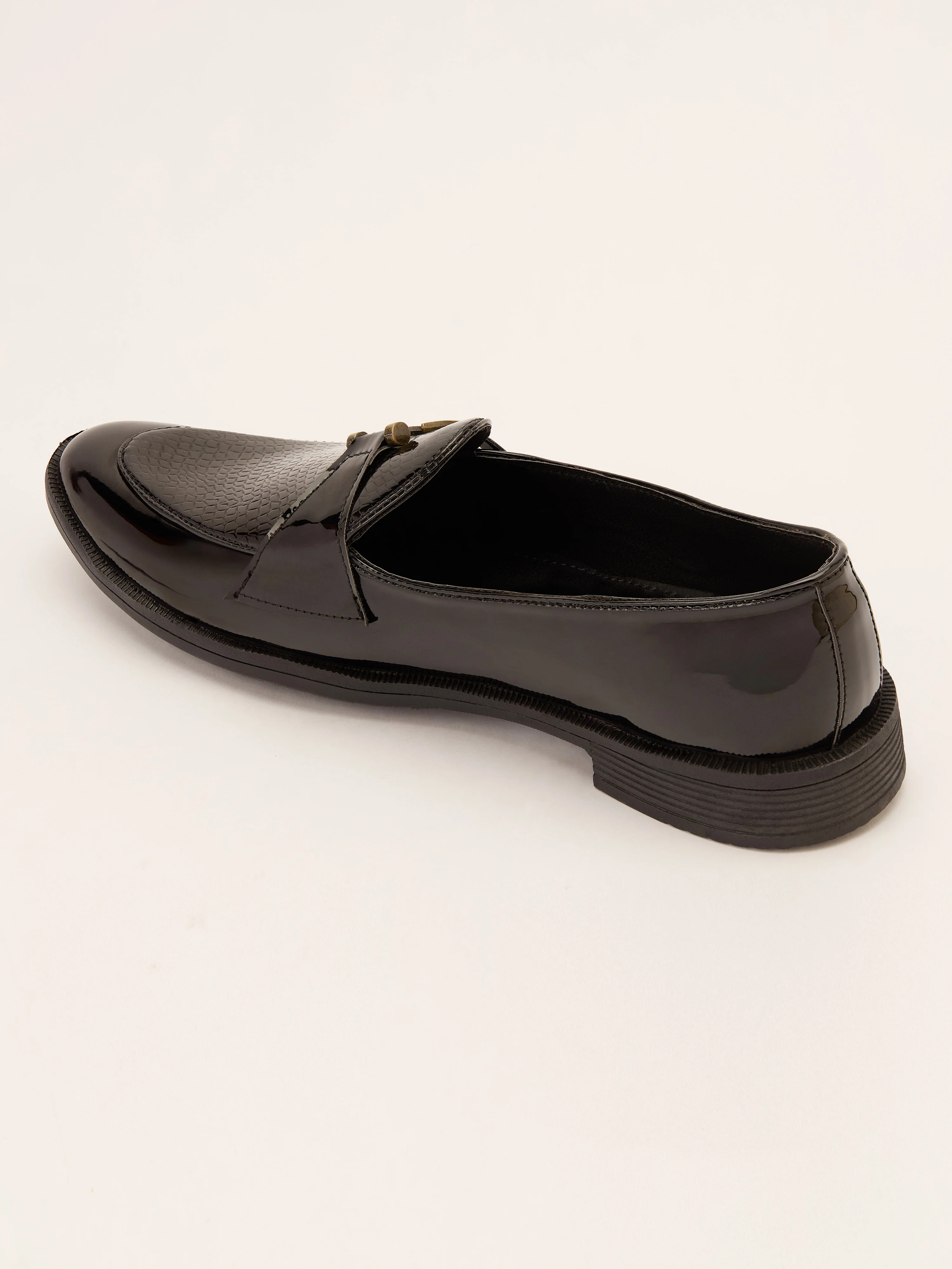 Men's Black Patent Croc-Embossed Buckle Loafer | Brass-Toned Metallic Strap | High-Shine Finish | Almond Toe | Airmix Sole - Image 4