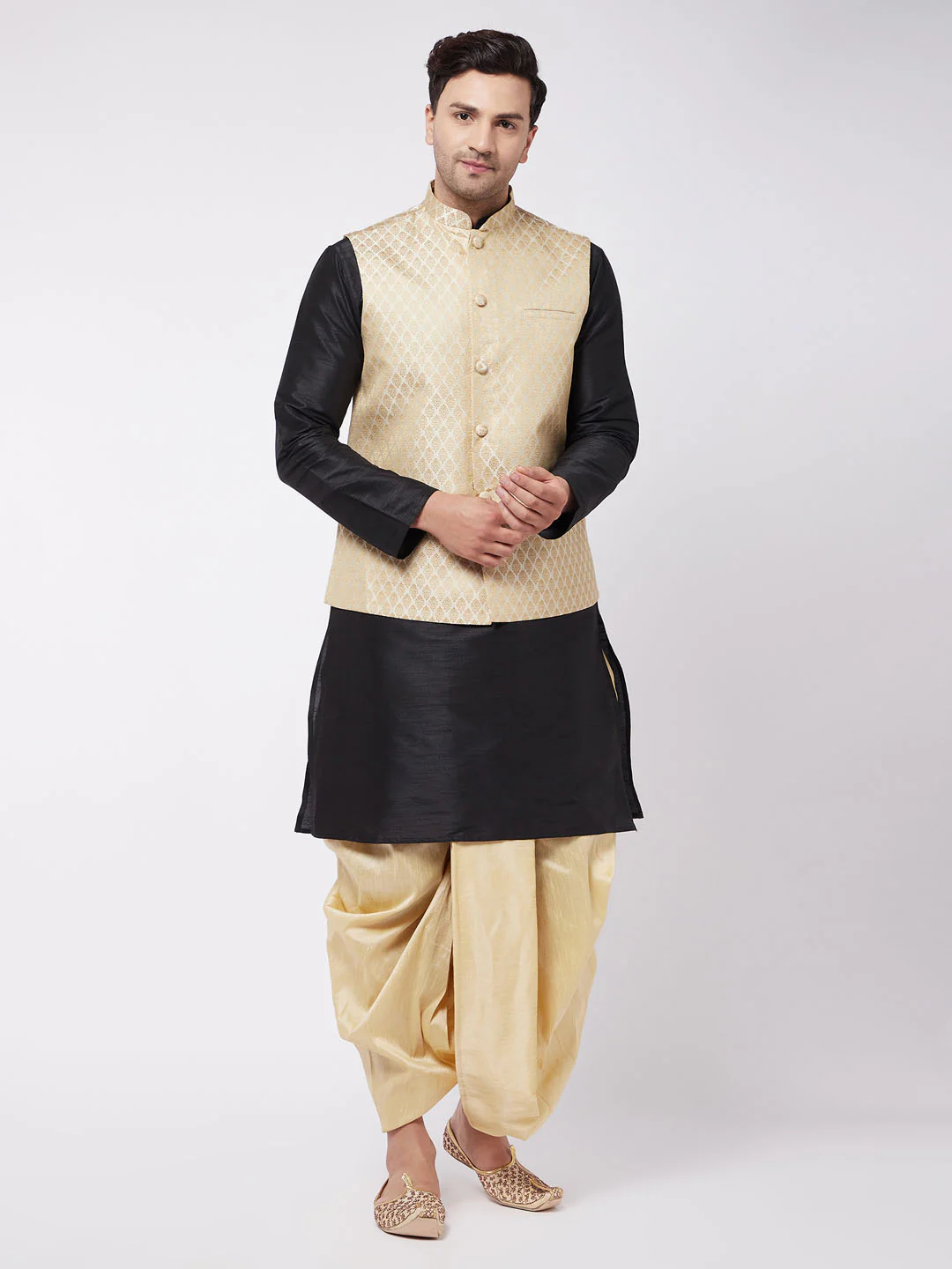 Men's Black Silk Blend Jacket With Kurta Dhoti Set - Image 2