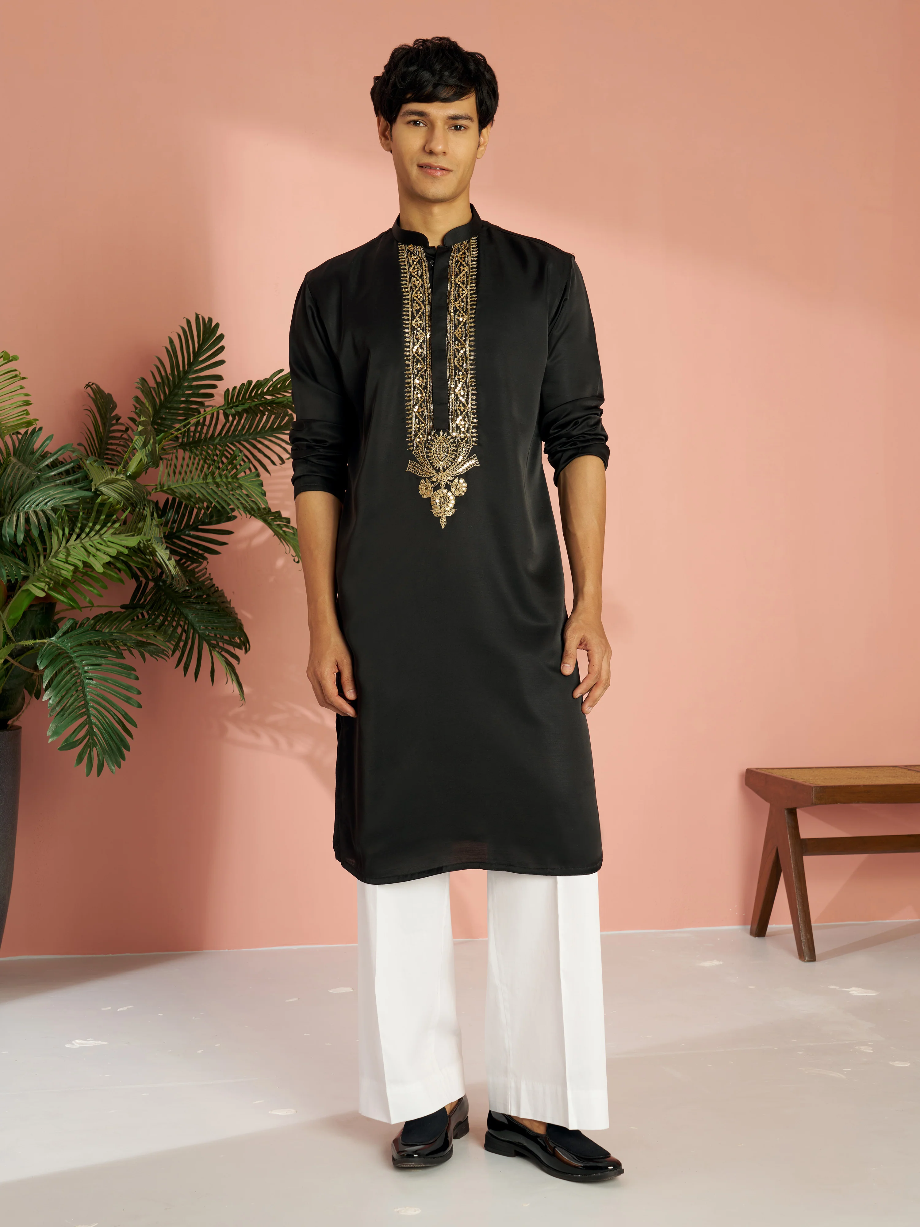 Men's Black Silk Blend Zari Embroidered Kurta with Cream Fine Satin Wide Leg Pant Set - Image 4